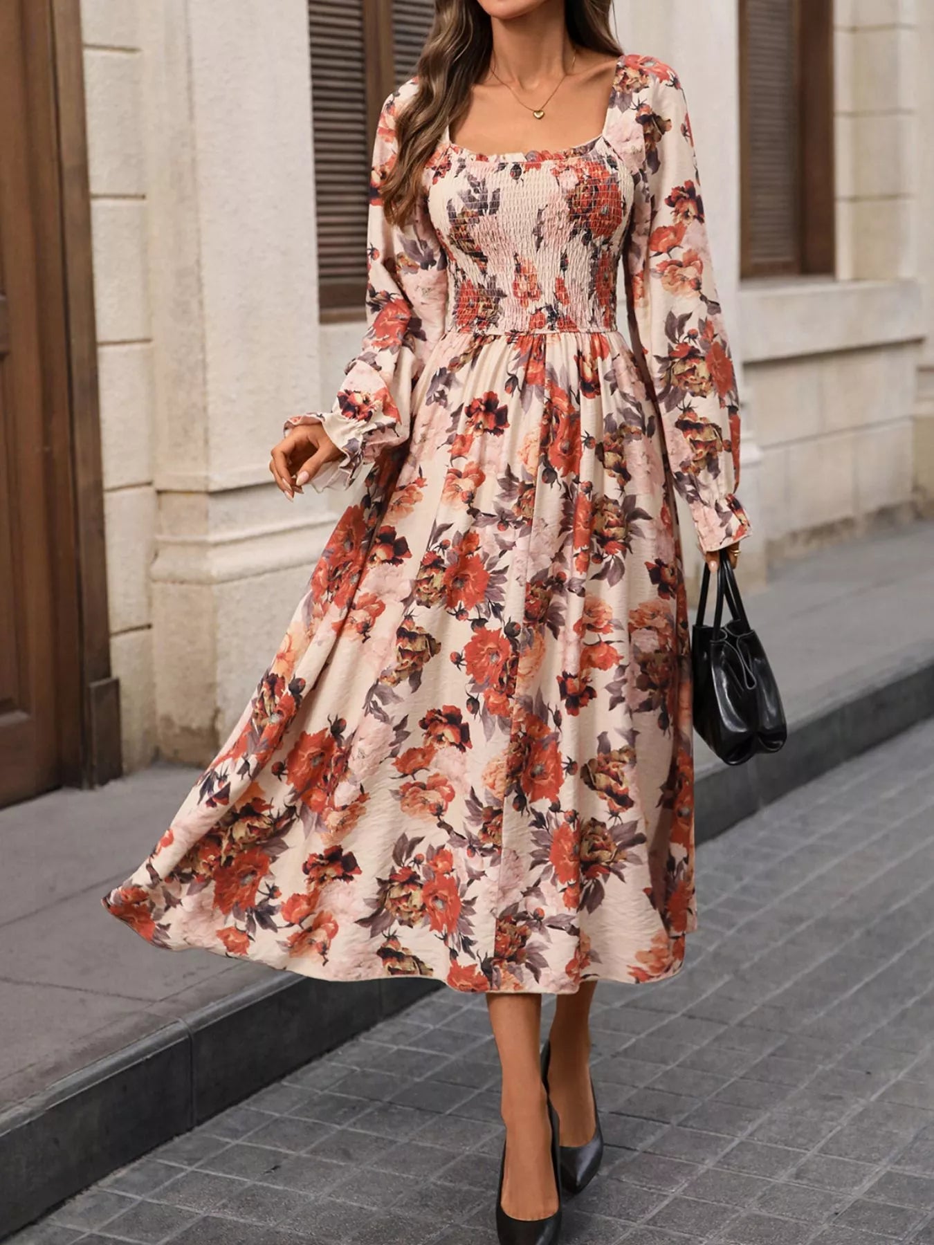 Smocked Floral Print Flounce Sleeve Dress - MAD RUFFI
