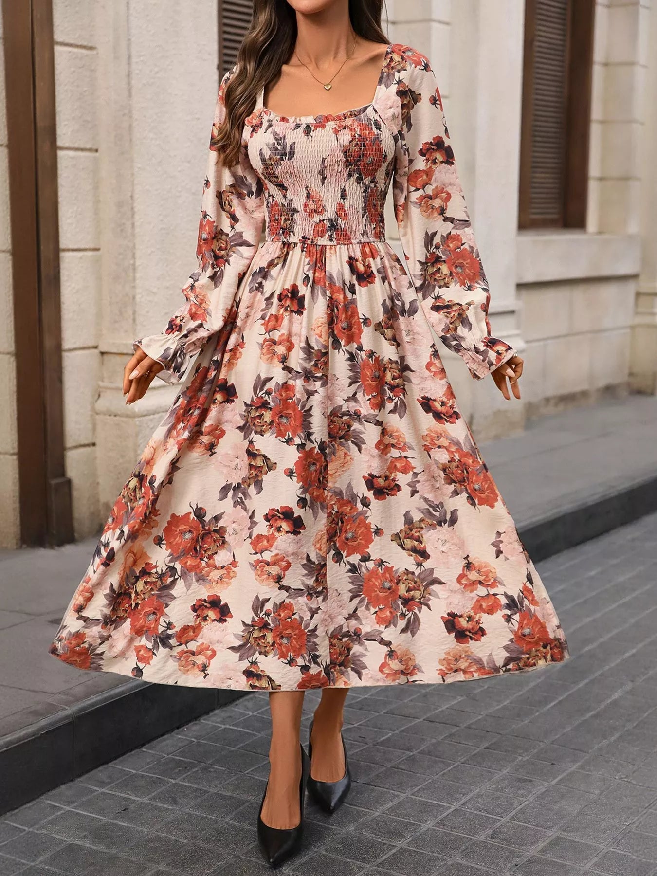 Smocked Floral Print Flounce Sleeve Dress - MAD RUFFI