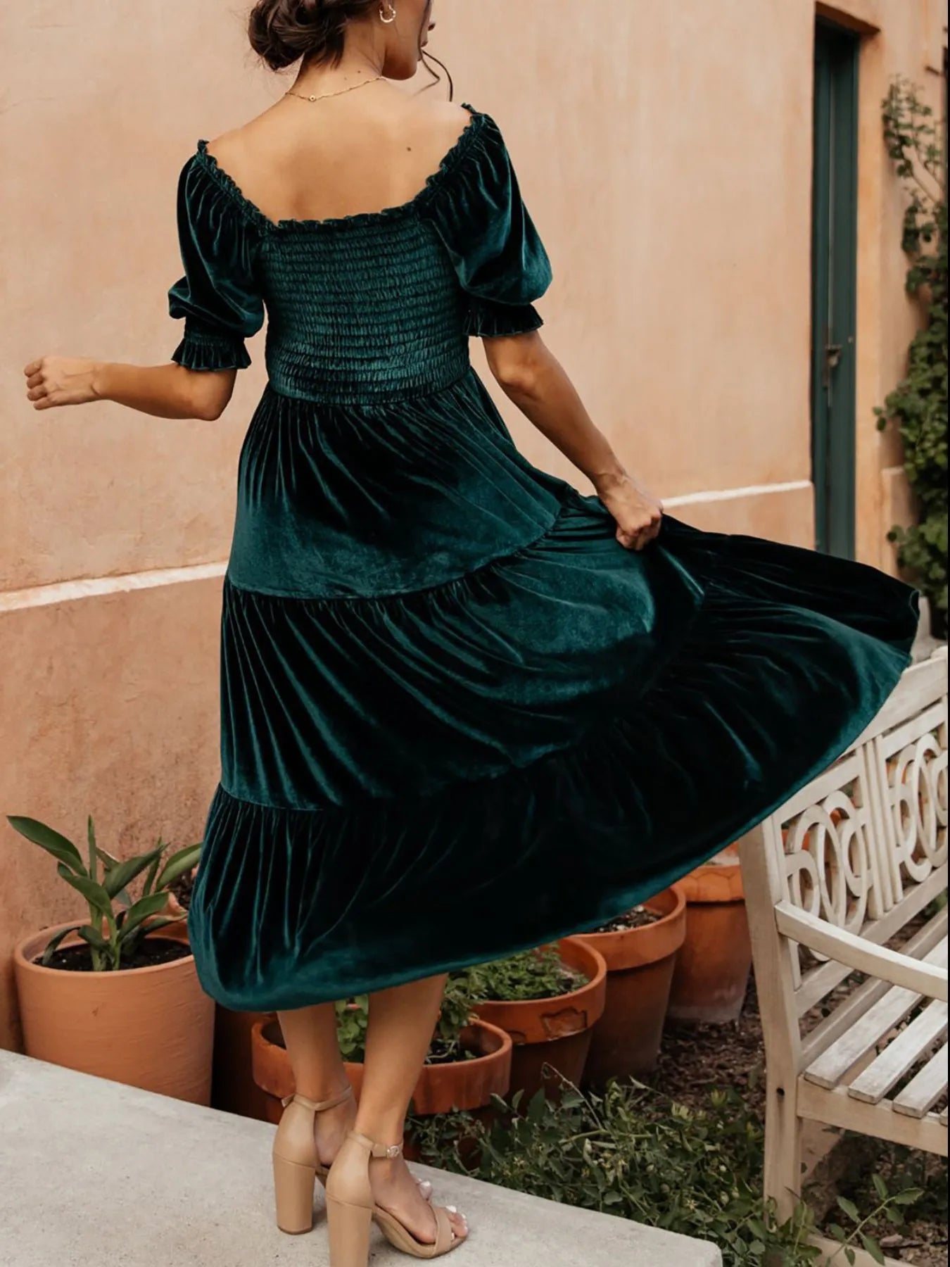 Smocked Half Sleeve Tiered Midi Dress - MAD RUFFI