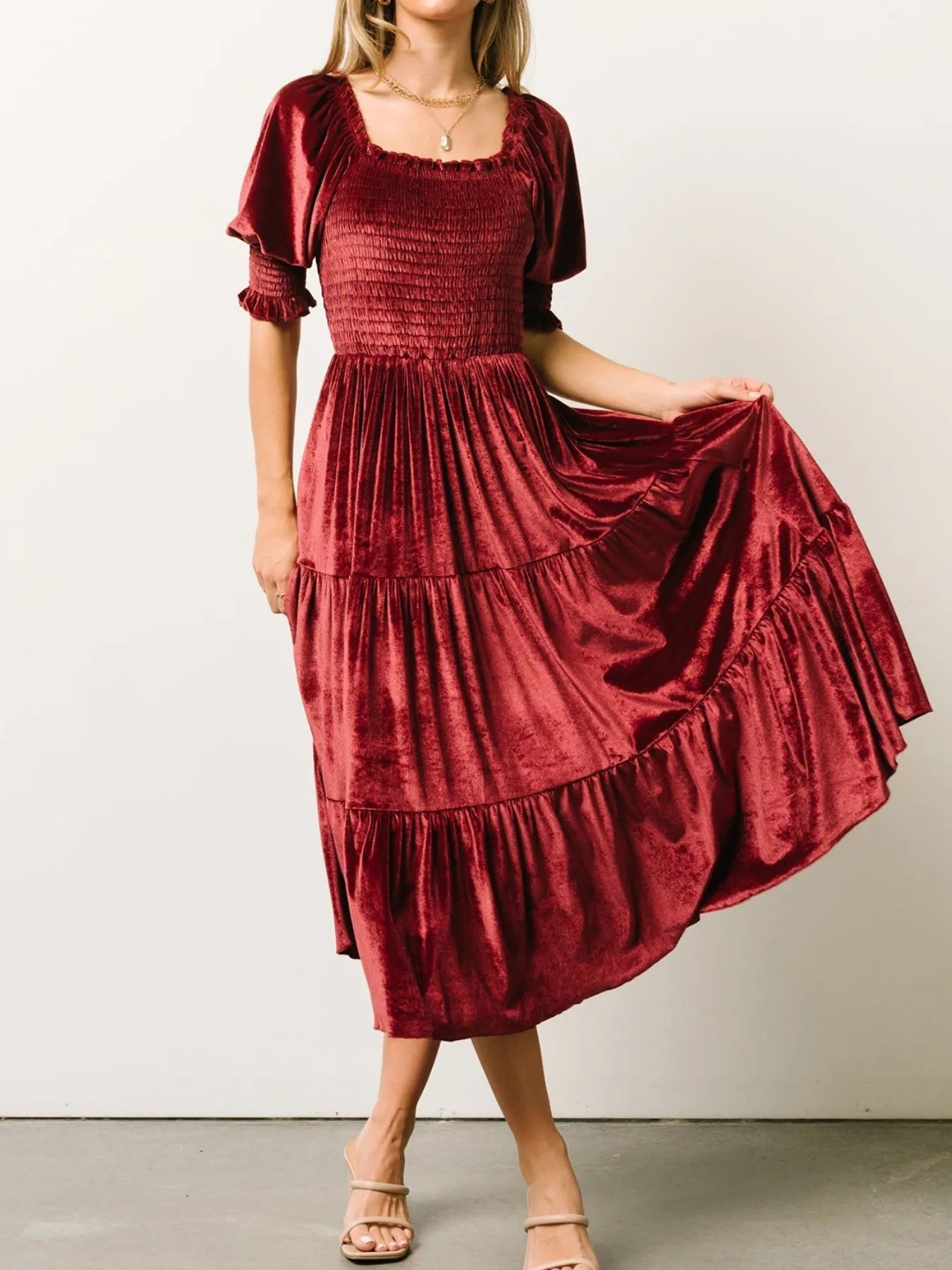 Smocked Half Sleeve Tiered Midi Dress - MAD RUFFI