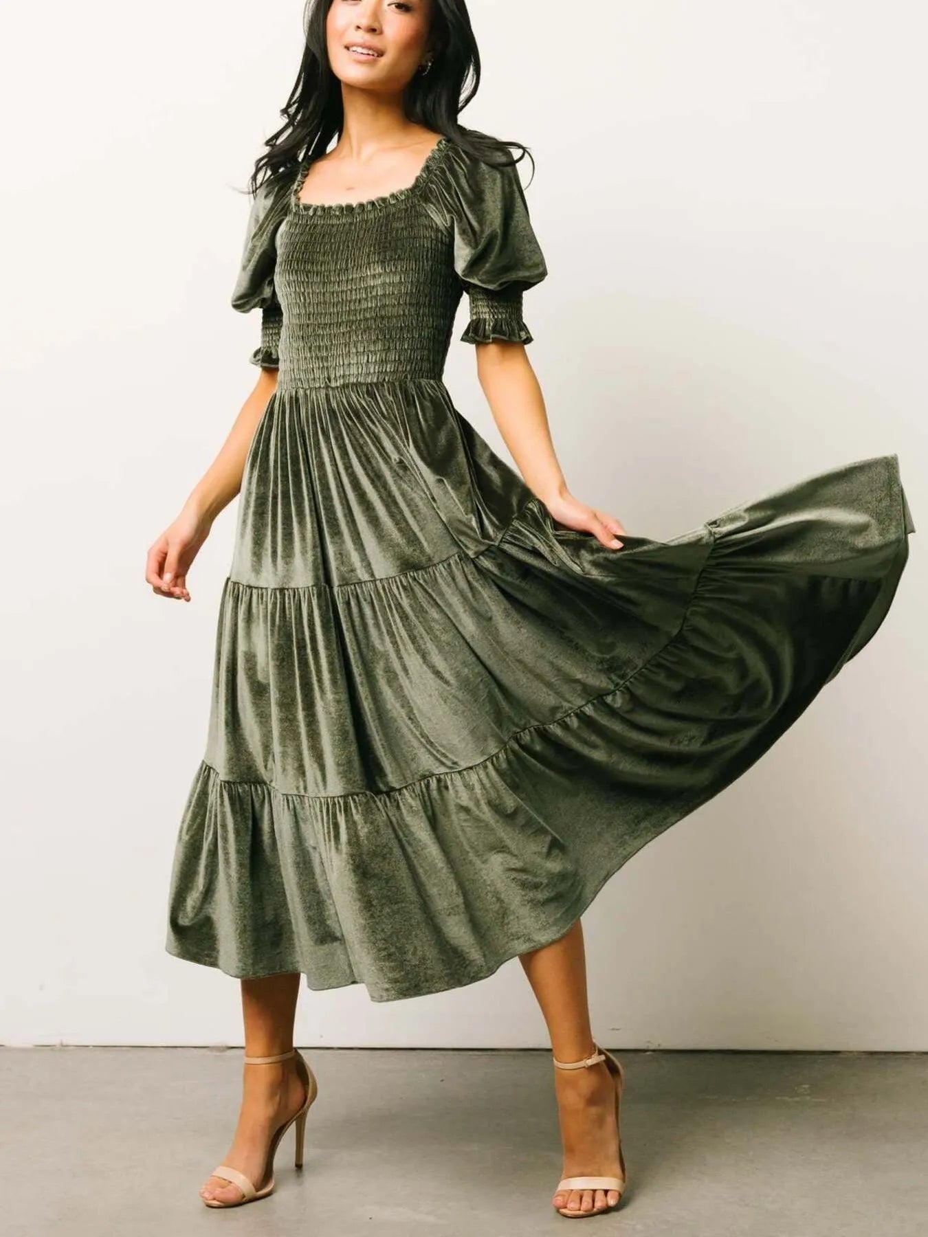 Smocked Half Sleeve Tiered Midi Dress - MAD RUFFI