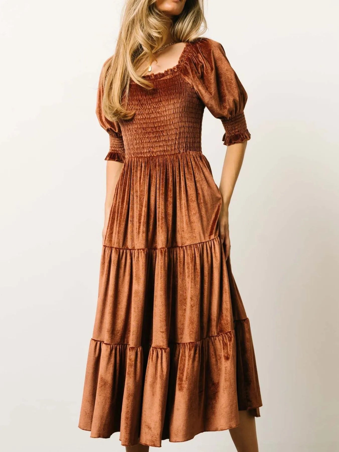 Smocked Half Sleeve Tiered Midi Dress - MAD RUFFI