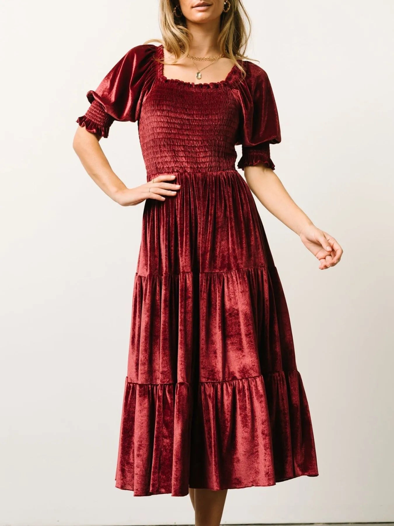 Smocked Half Sleeve Tiered Midi Dress - MAD RUFFI