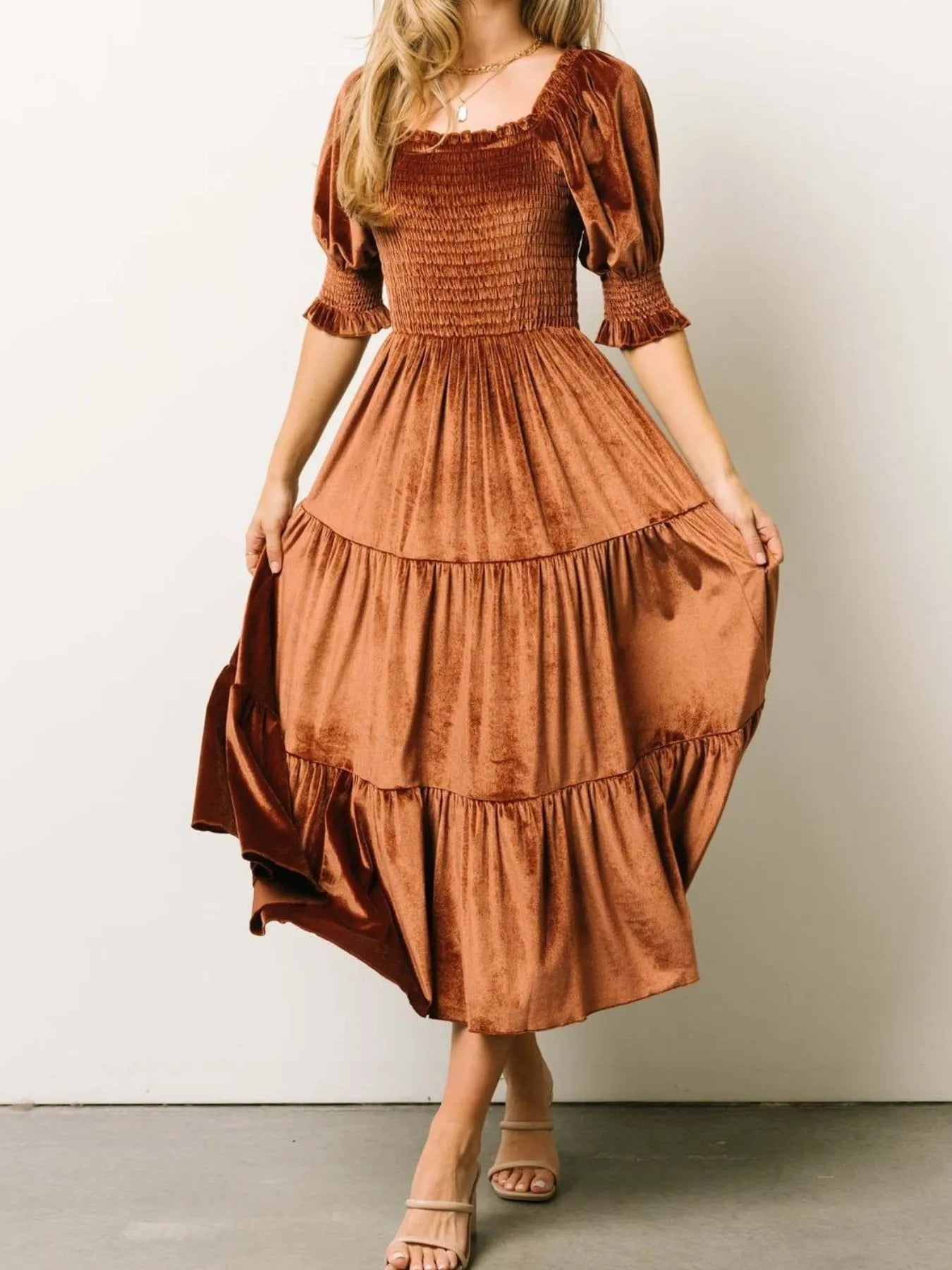 Smocked Half Sleeve Tiered Midi Dress - MAD RUFFI