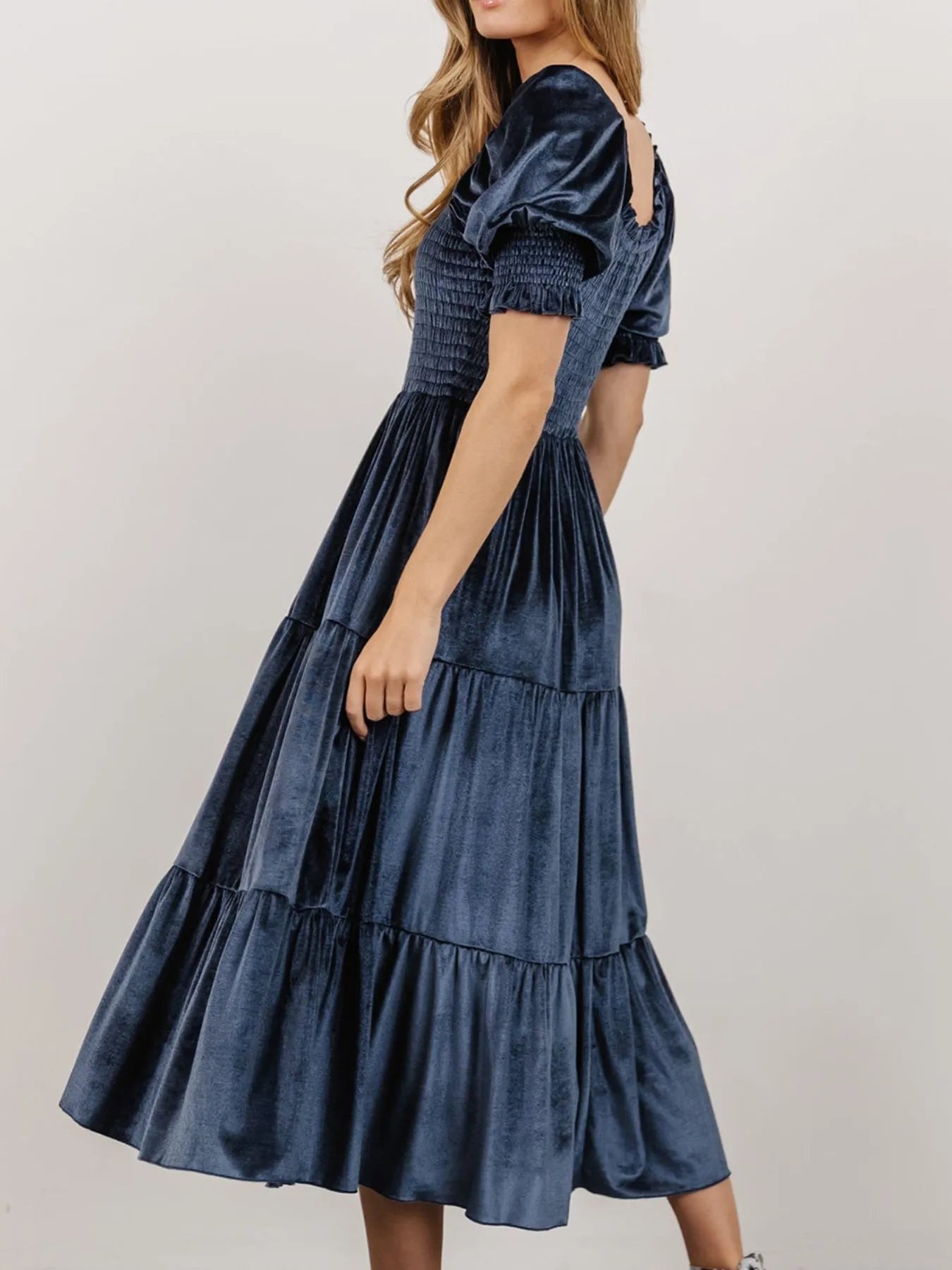 Smocked Half Sleeve Tiered Midi Dress - MAD RUFFI