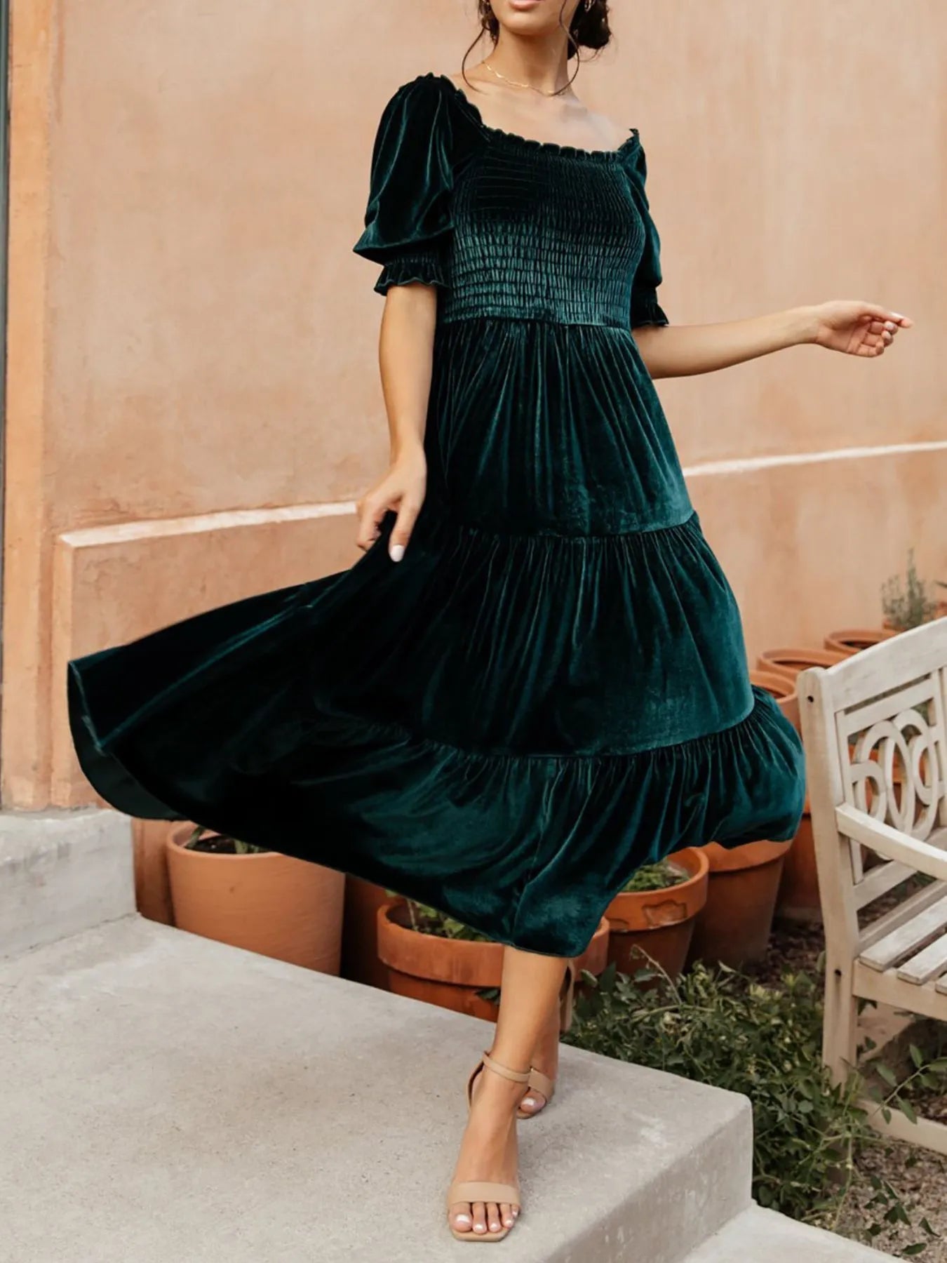 Smocked Half Sleeve Tiered Midi Dress - MAD RUFFI