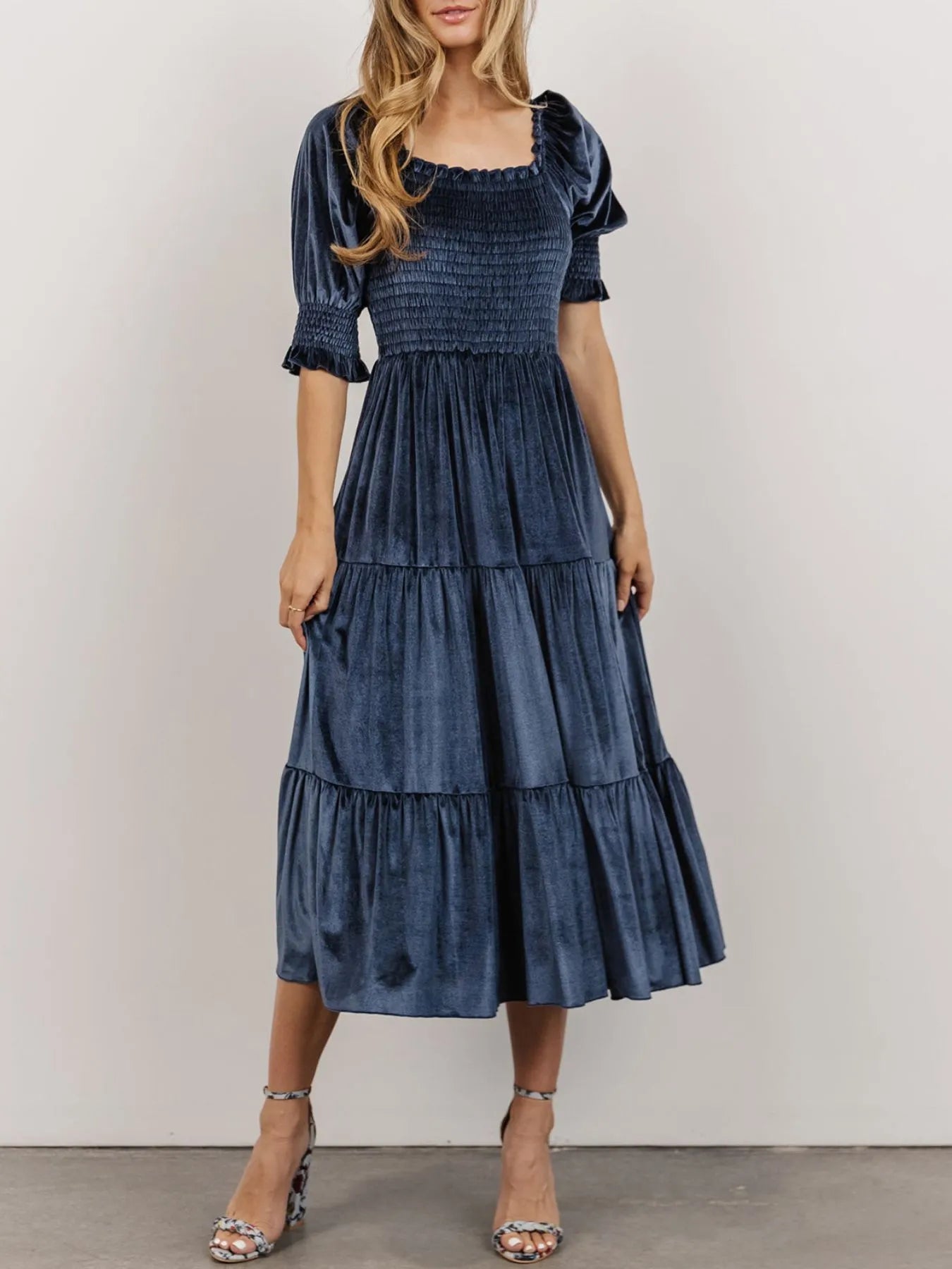 Smocked Half Sleeve Tiered Midi Dress - MAD RUFFI