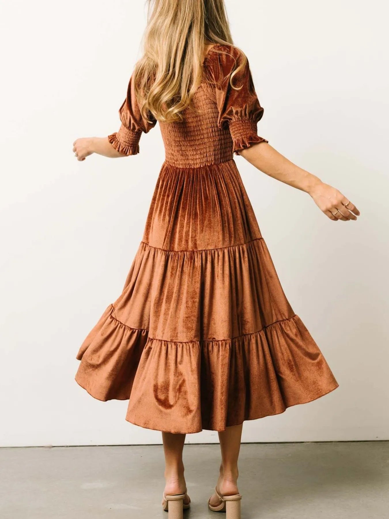 Smocked Half Sleeve Tiered Midi Dress - MAD RUFFI
