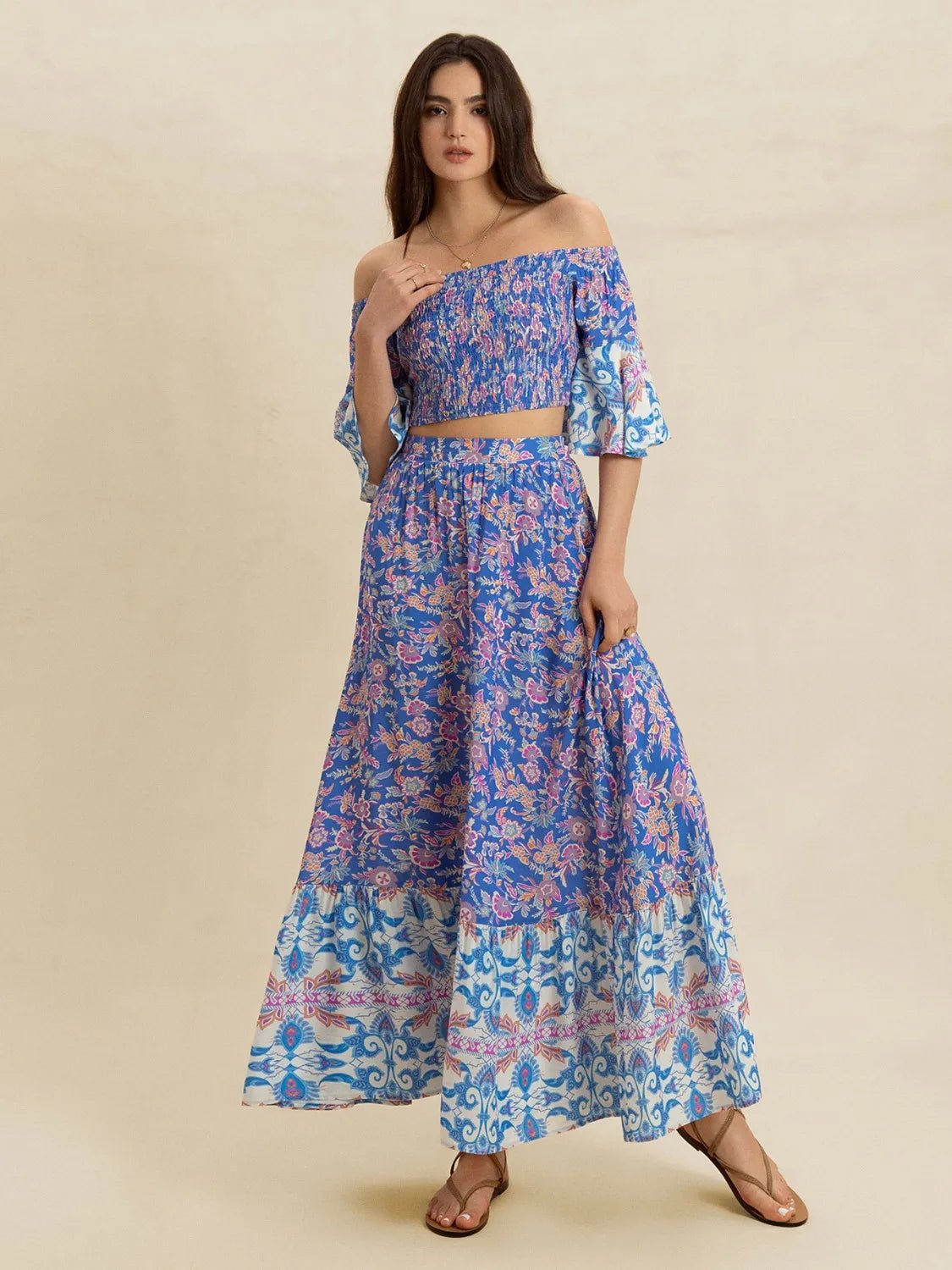 Smocked Off - Shoulder Printed Top and Skirt Set - MAD RUFFI