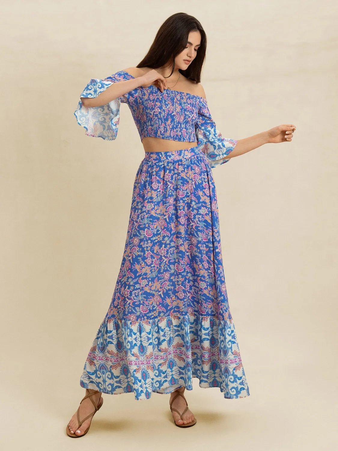 Smocked Off - Shoulder Printed Top and Skirt Set - MAD RUFFI