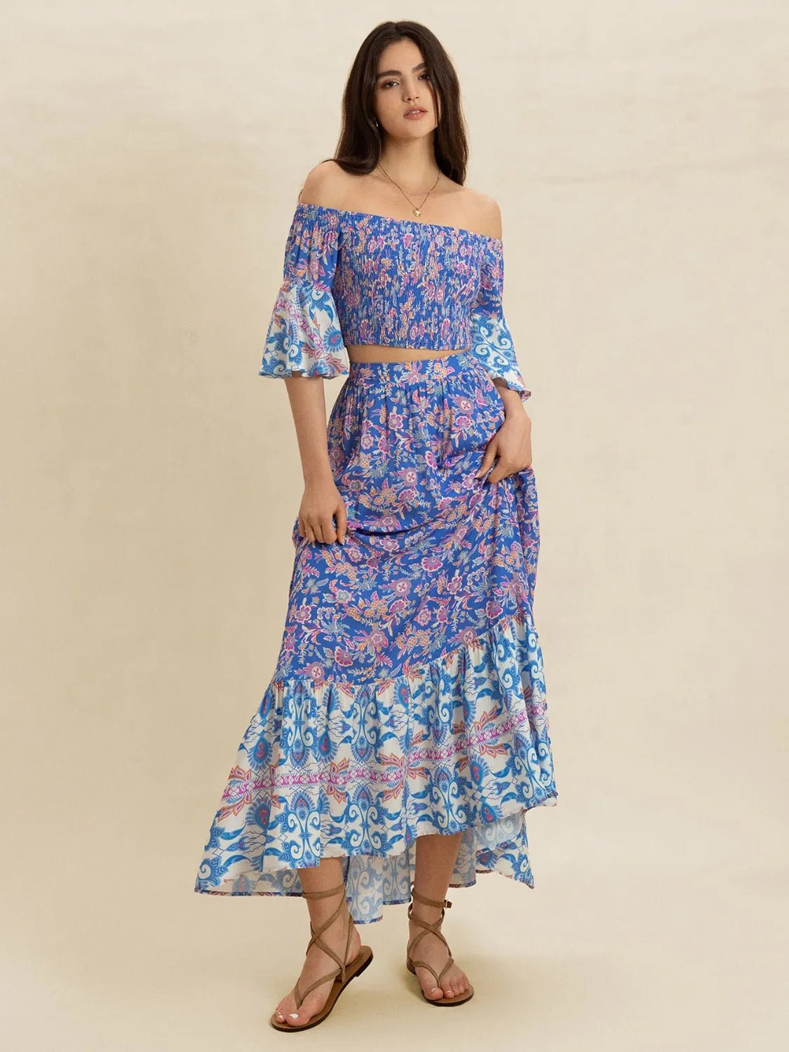 Smocked Off - Shoulder Printed Top and Skirt Set - MAD RUFFI
