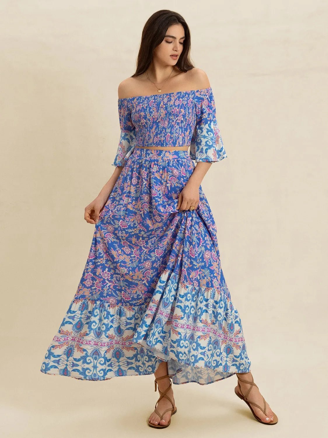 Smocked Off - Shoulder Printed Top and Skirt Set - MAD RUFFI