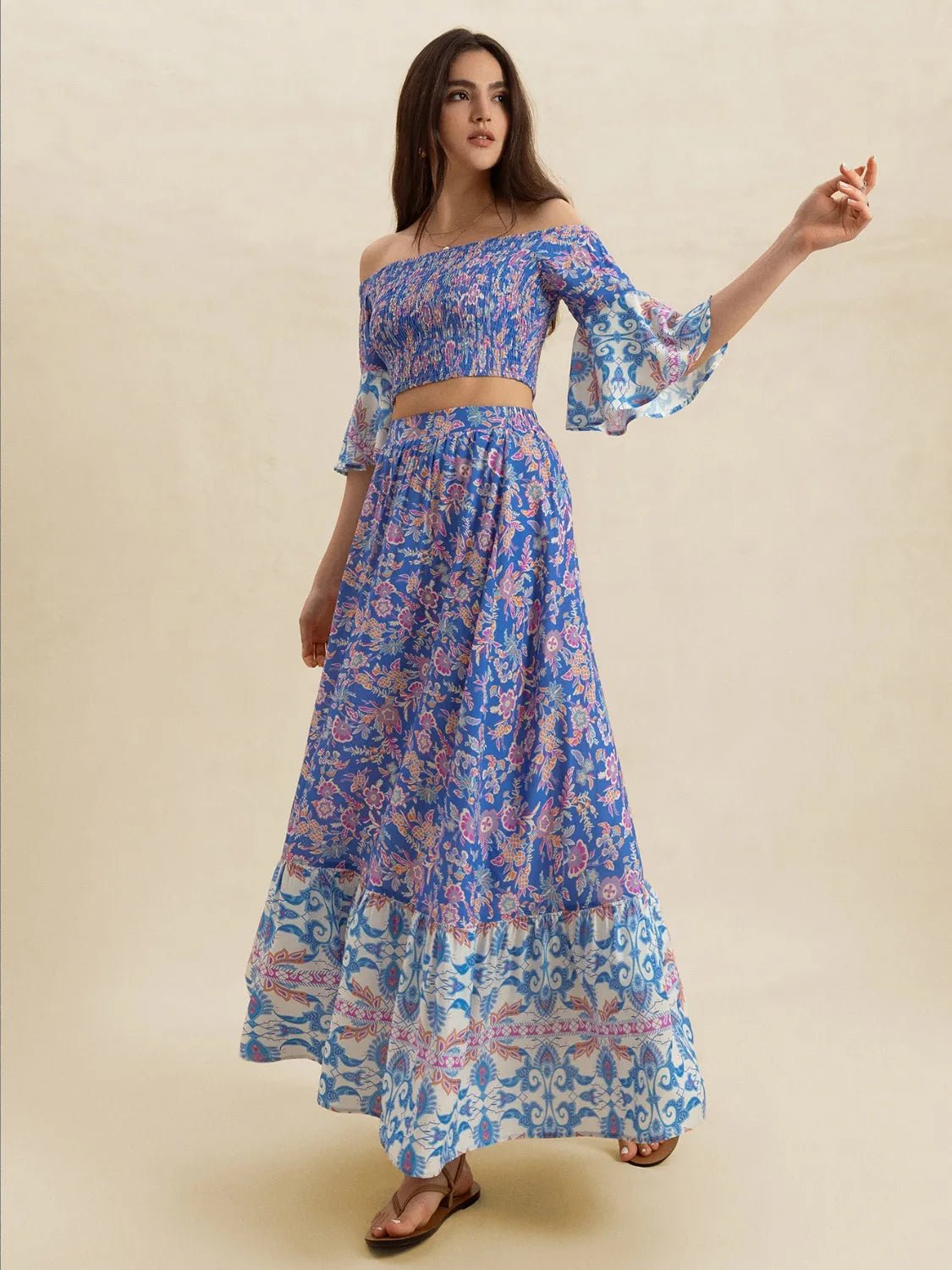 Smocked Off - Shoulder Printed Top and Skirt Set - MAD RUFFI