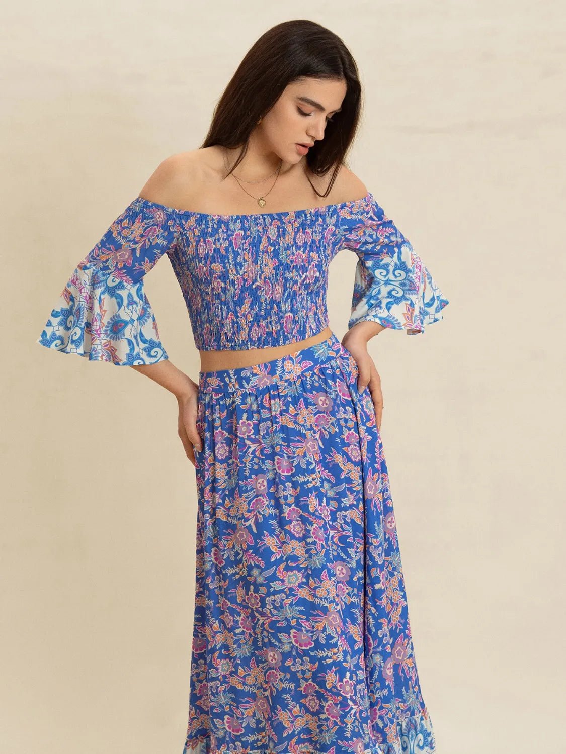 Smocked Off - Shoulder Printed Top and Skirt Set - MAD RUFFI