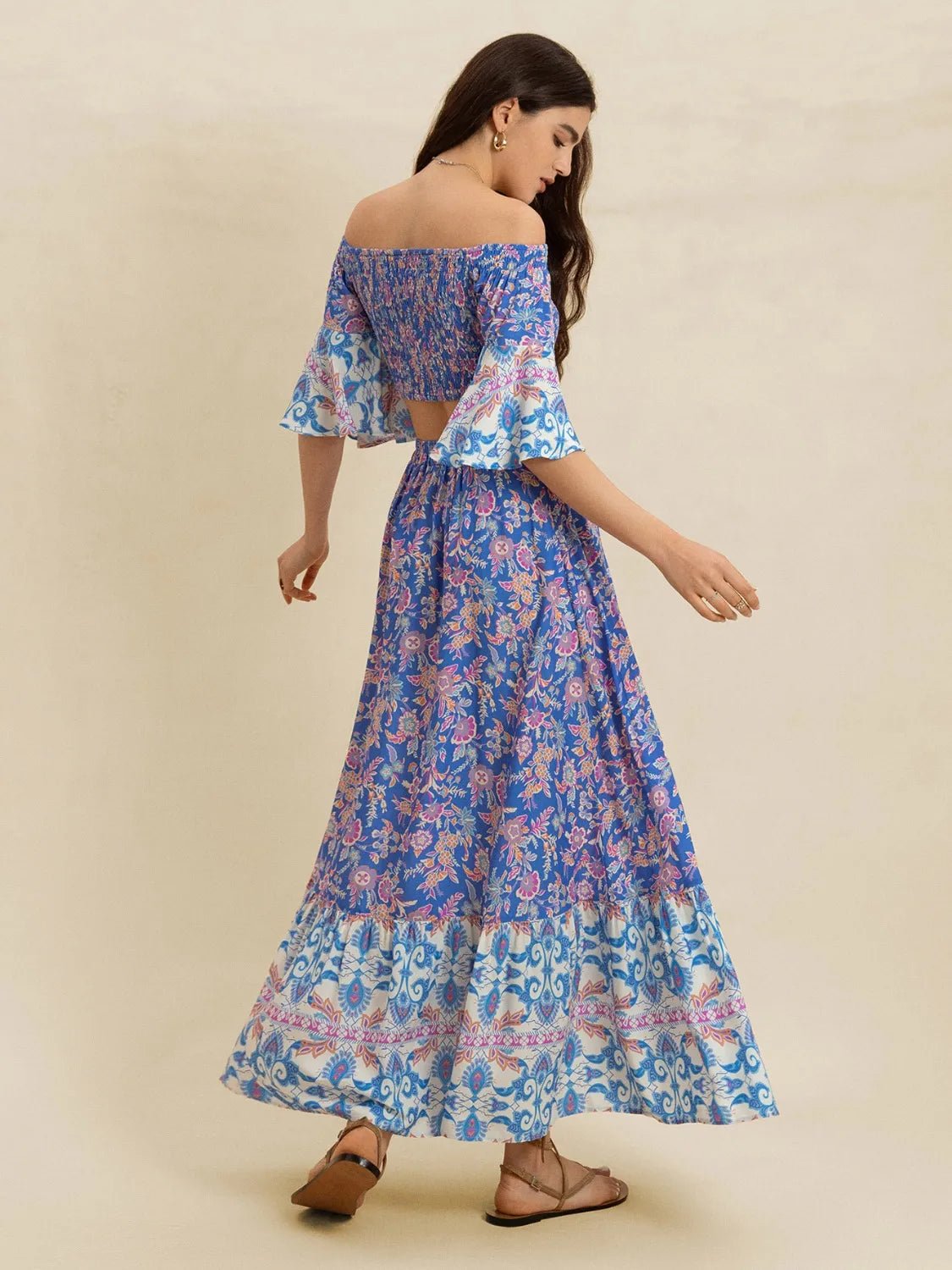 Smocked Off - Shoulder Printed Top and Skirt Set - MAD RUFFI