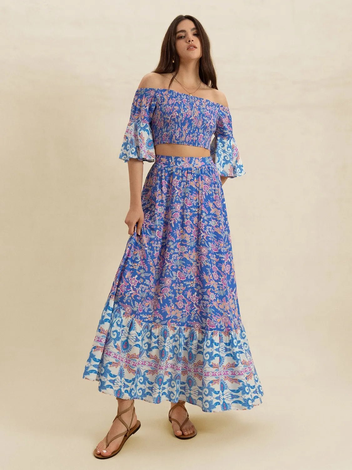 Smocked Off - Shoulder Printed Top and Skirt Set - MAD RUFFI