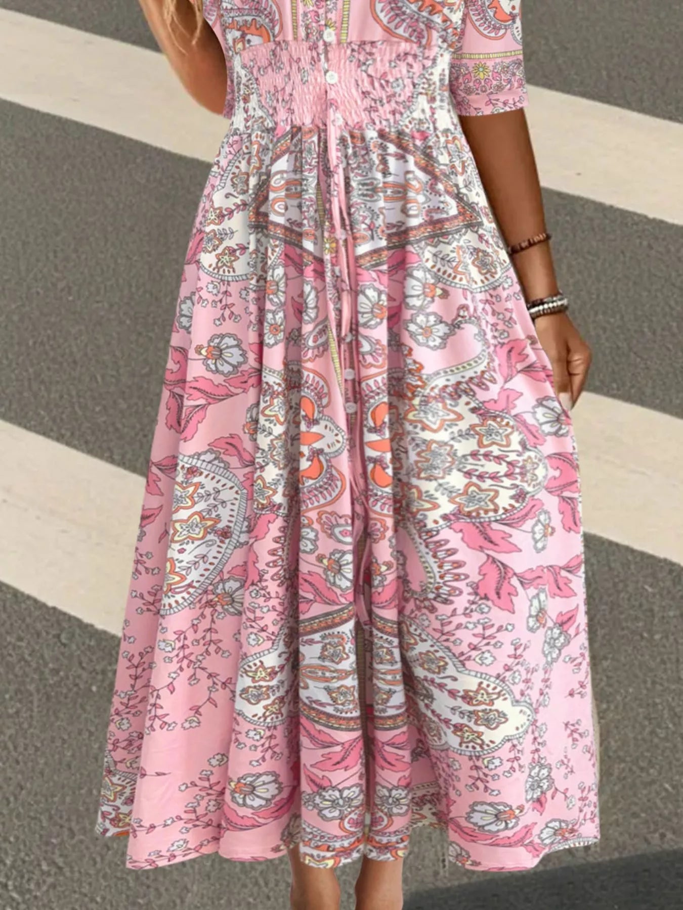 Smocked Printed Half Sleeve Dress - MAD RUFFI