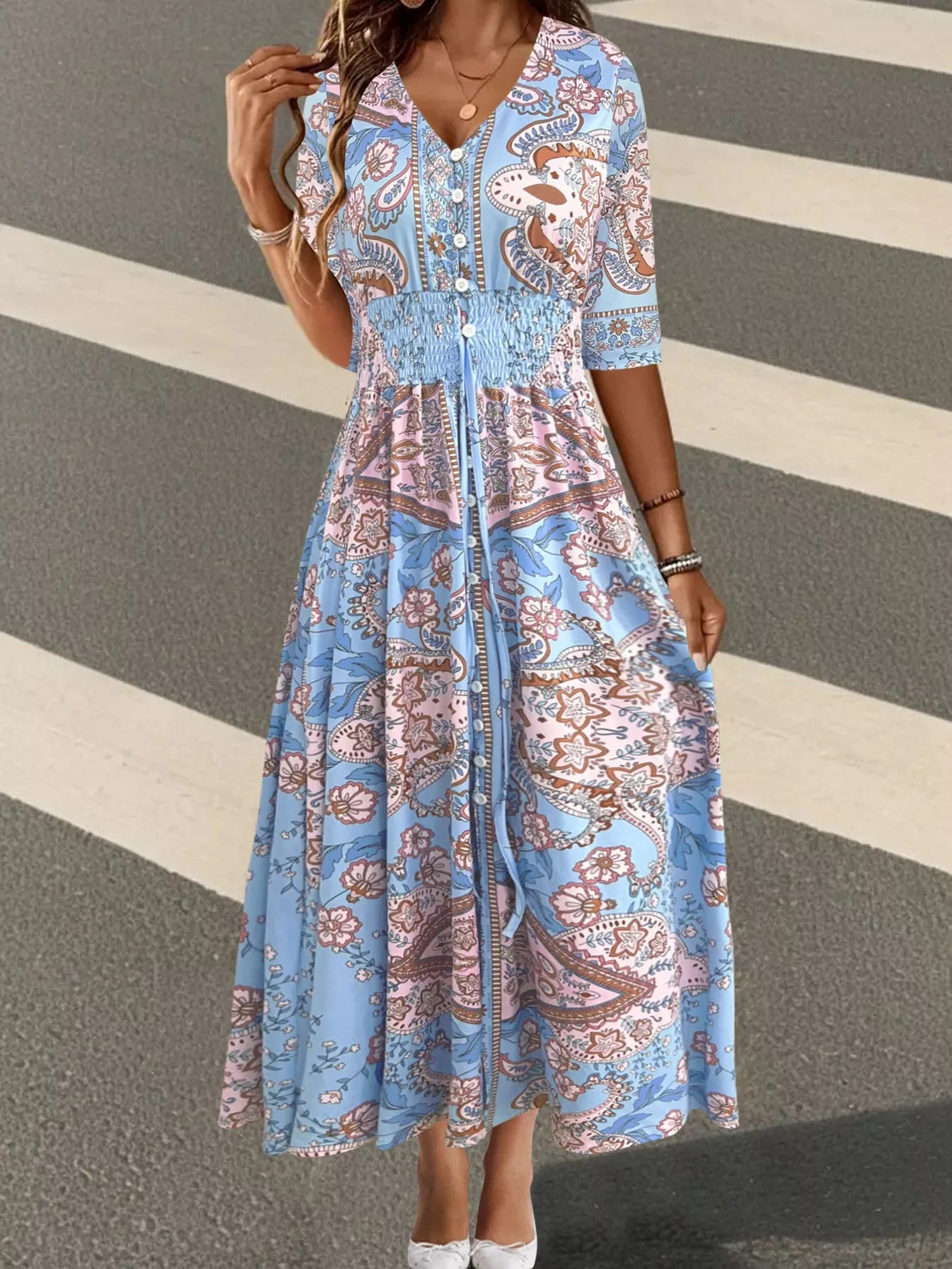 Smocked Printed Half Sleeve Dress - MAD RUFFI