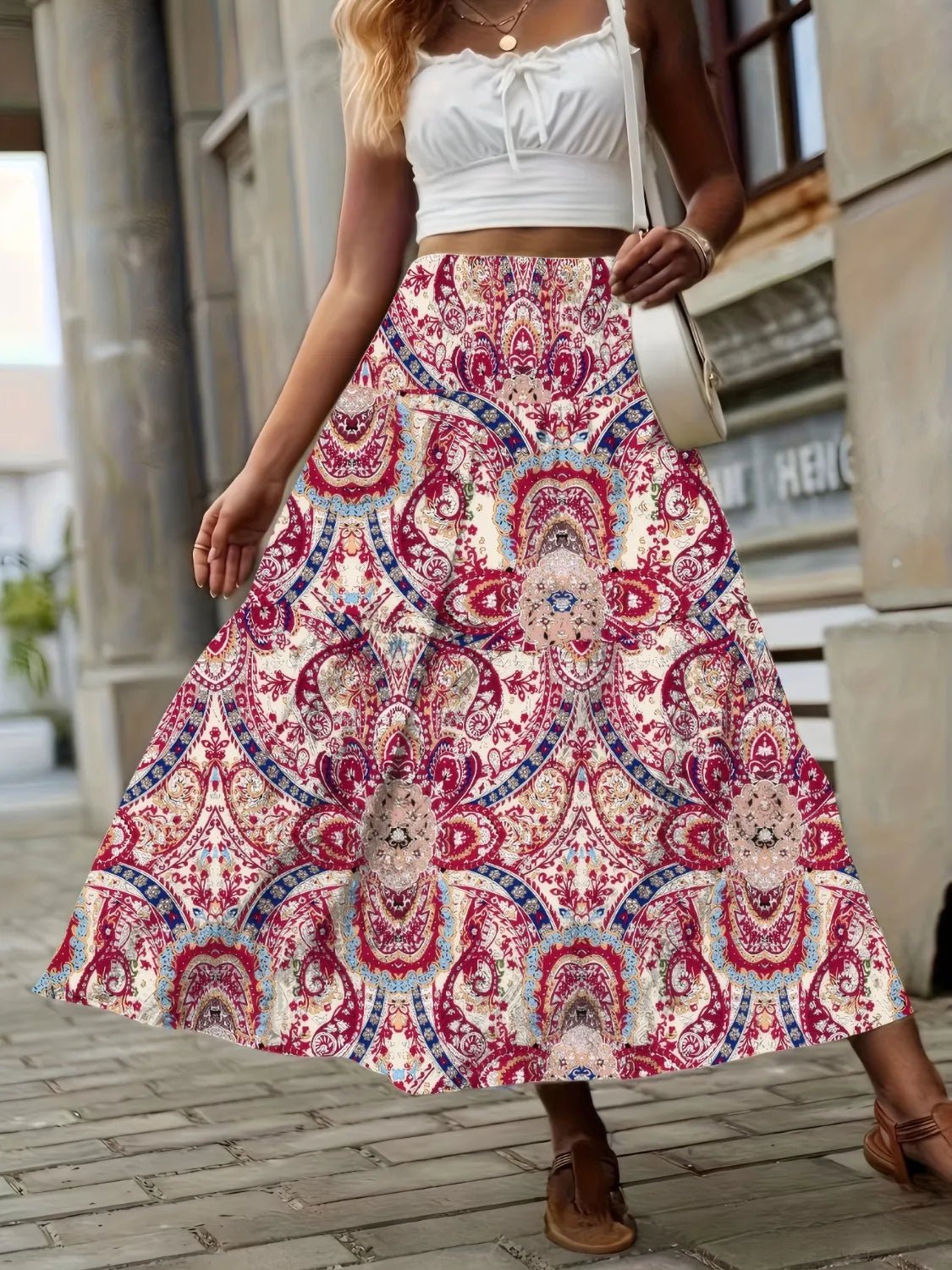 Smocked Printed High Waist Skirt - MAD RUFFI