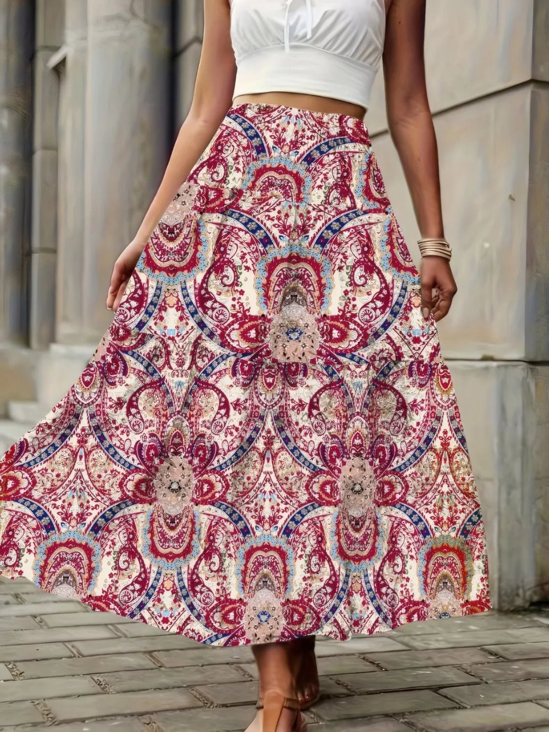 Smocked Printed High Waist Skirt - MAD RUFFI