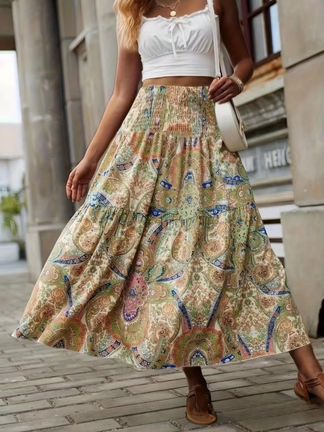 Smocked Printed High Waist Skirt - MAD RUFFI