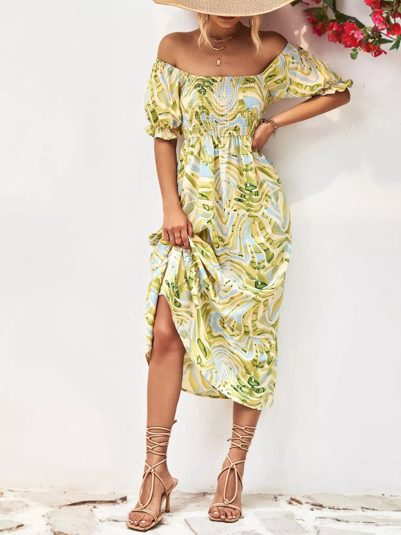 Smocked Printed Puff Sleeve Midi Dress - MAD RUFFI