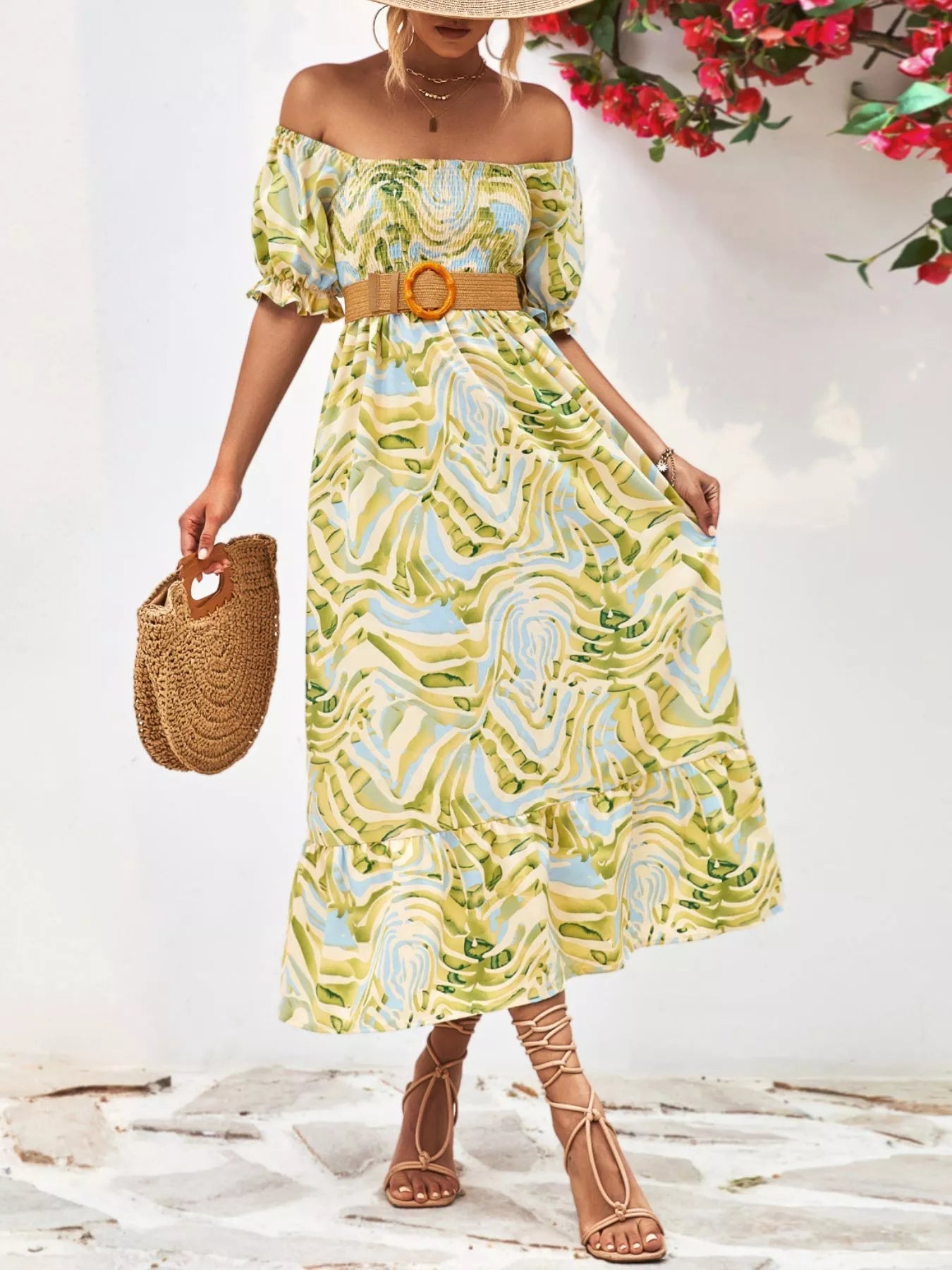 Smocked Printed Puff Sleeve Midi Dress - MAD RUFFI