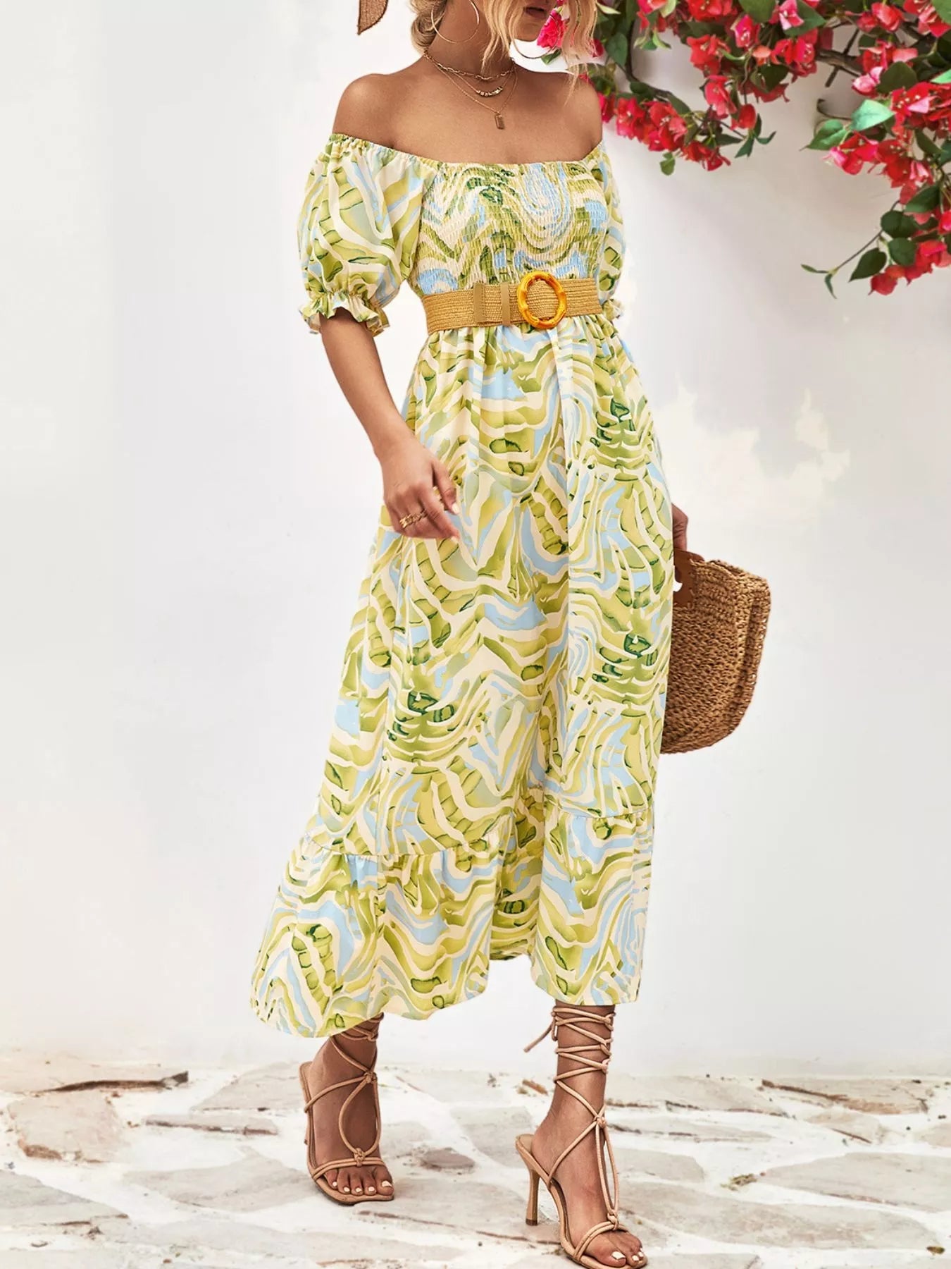 Smocked Printed Puff Sleeve Midi Dress - MAD RUFFI