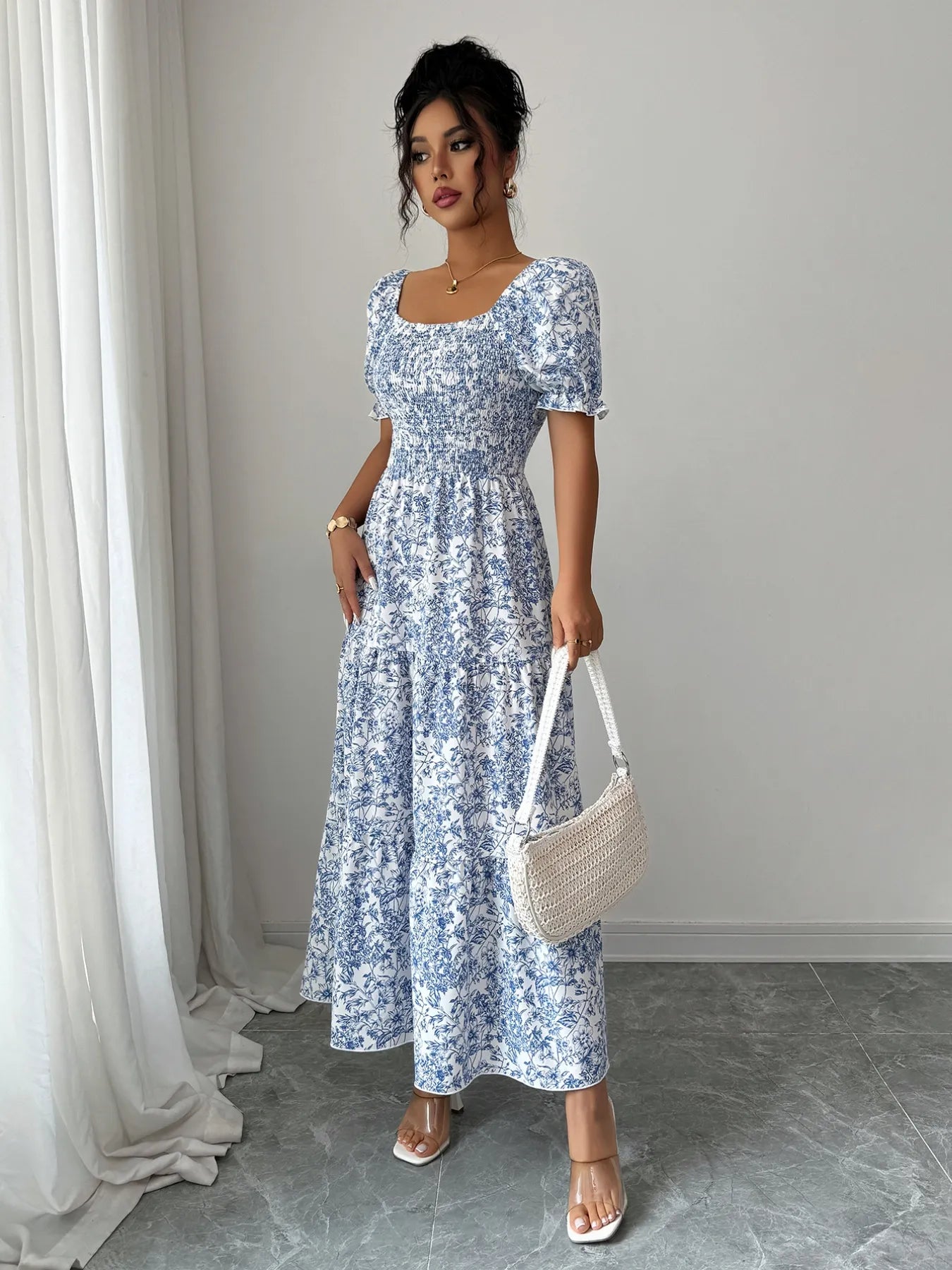 Smocked Printed Short Sleeve Dress - MAD RUFFI