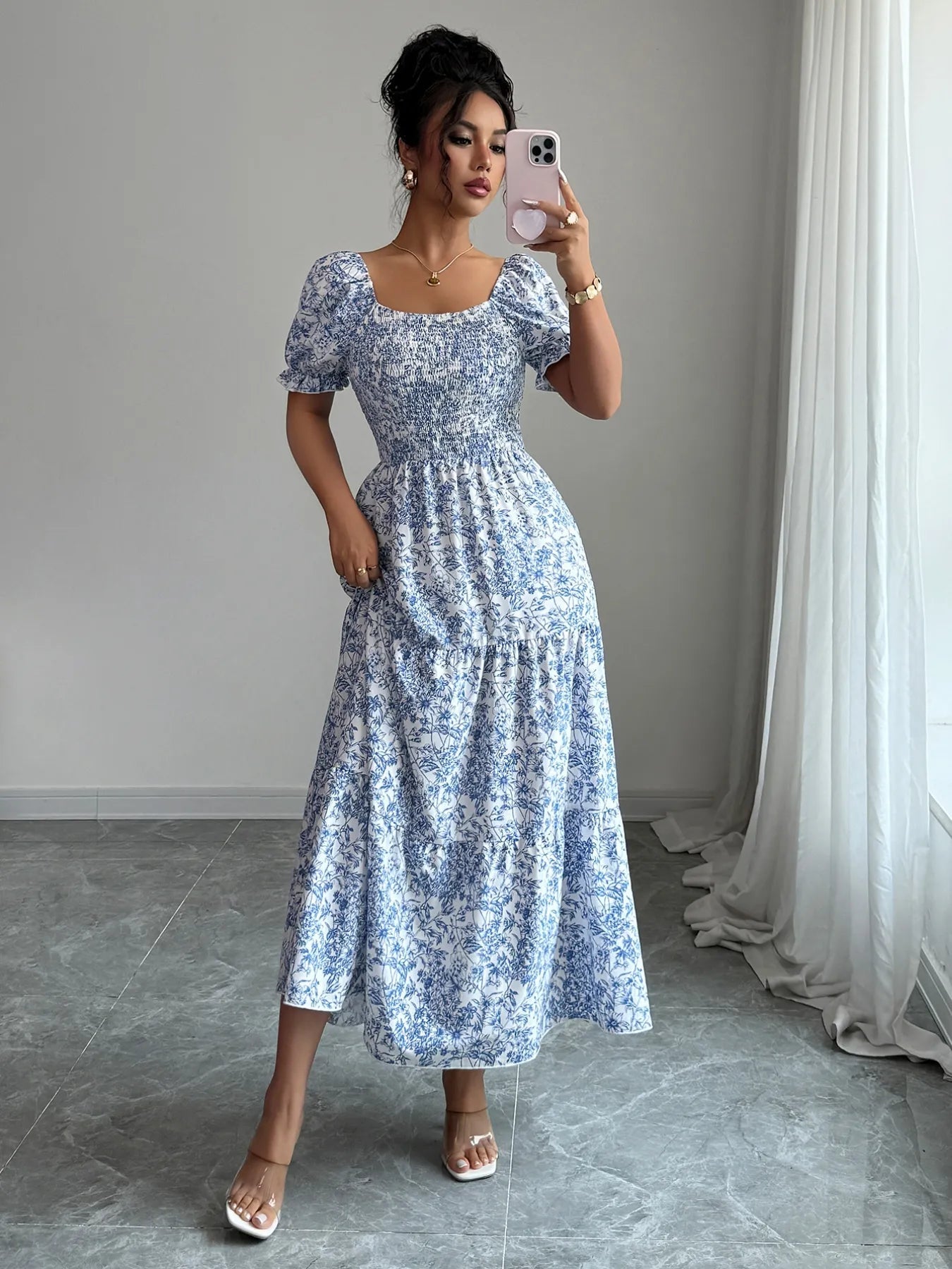 Smocked Printed Short Sleeve Dress - MAD RUFFI