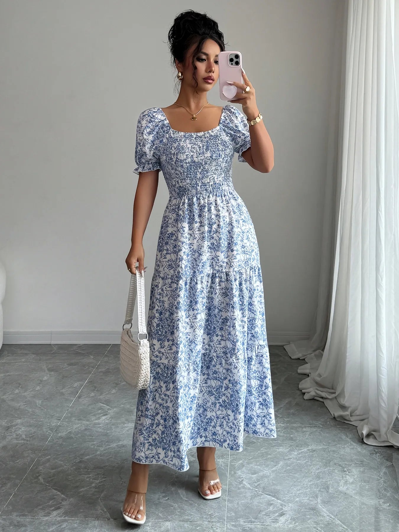 Smocked Printed Short Sleeve Dress - MAD RUFFI