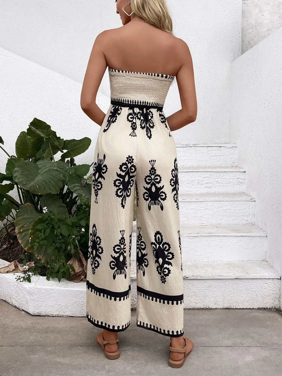 Smocked Printed Wide Leg Jumpsuit - MAD RUFFI