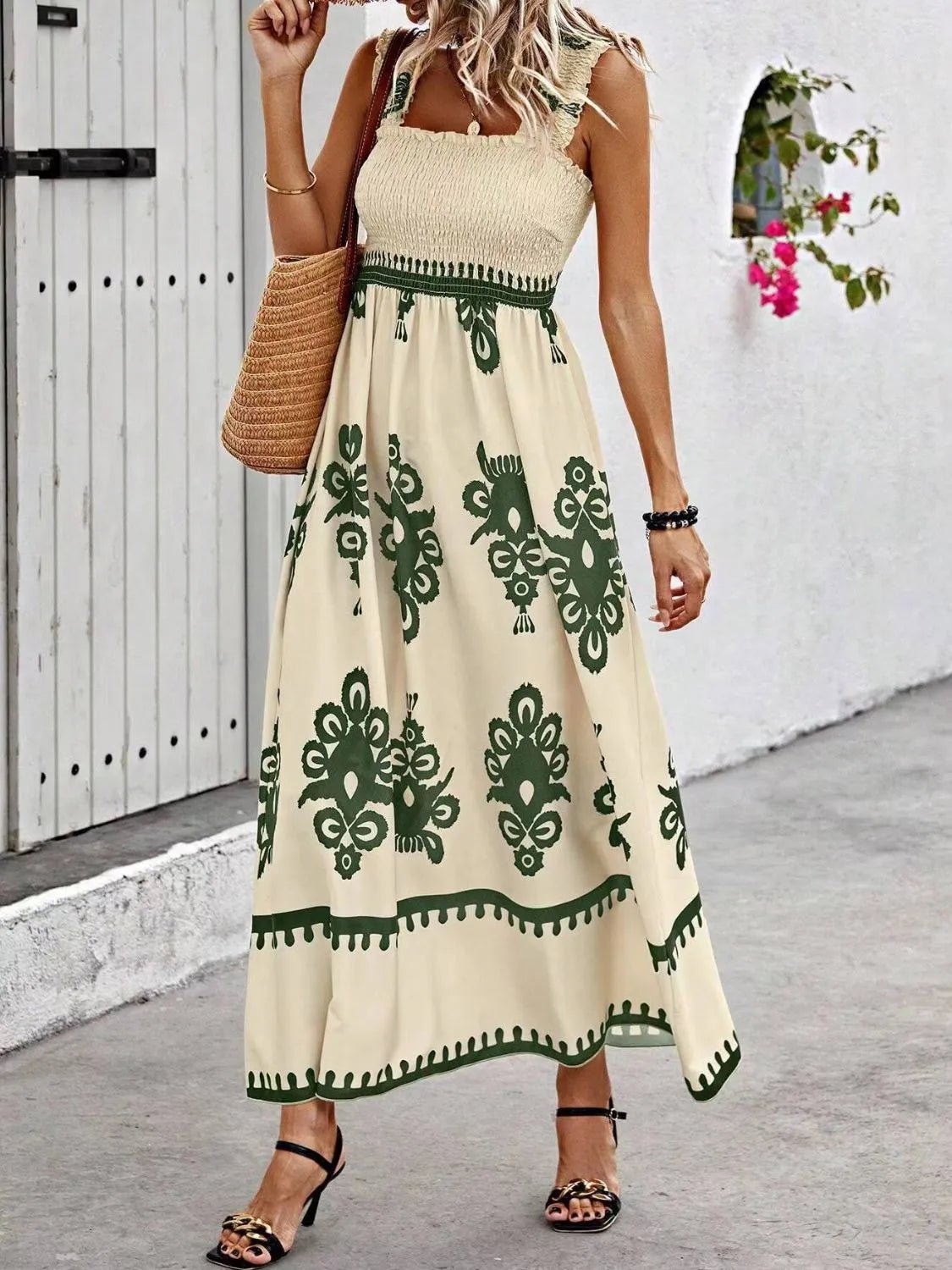 Smocked Printed Wide Strap Maxi Dress - MAD RUFFI