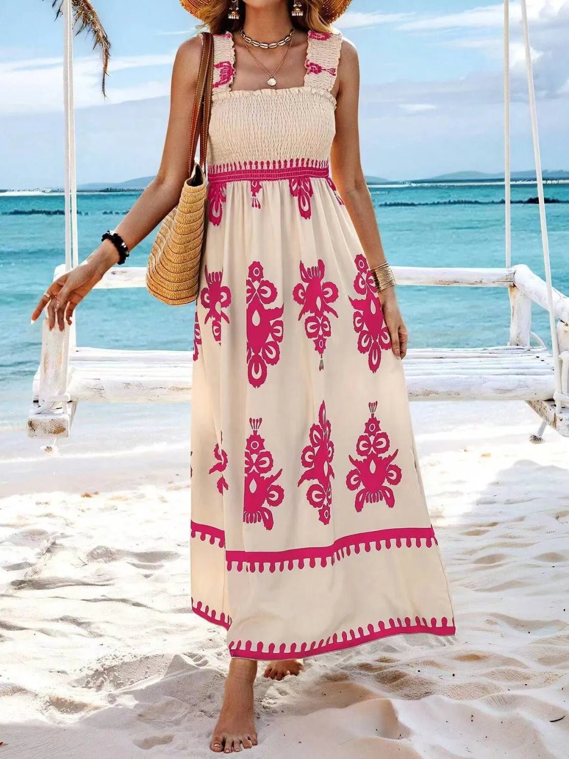 Smocked Printed Wide Strap Maxi Dress - MAD RUFFI