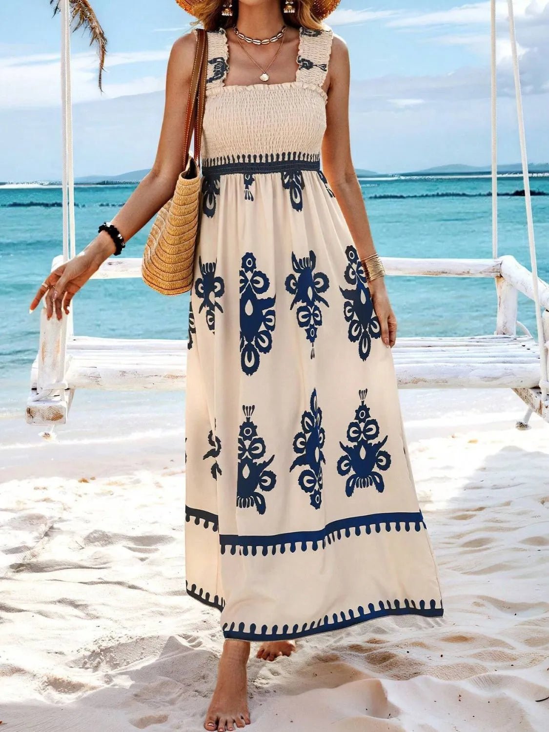Smocked Printed Wide Strap Maxi Dress - MAD RUFFI