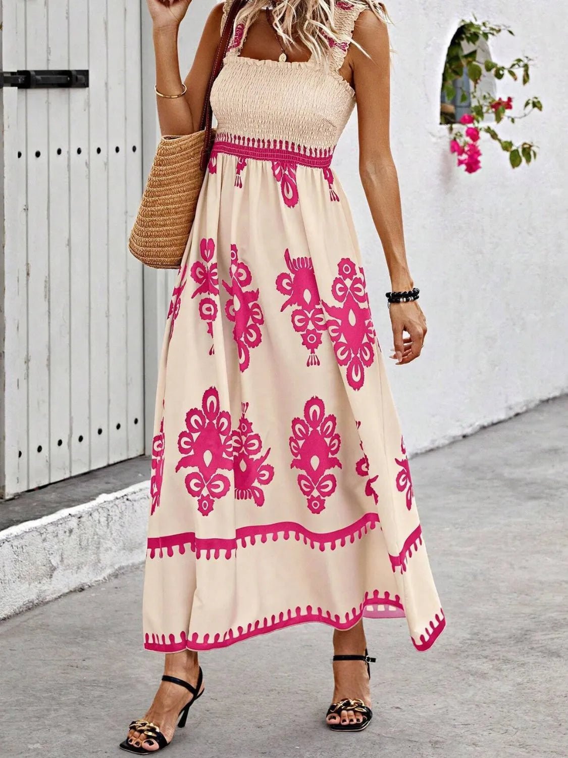 Smocked Printed Wide Strap Maxi Dress - MAD RUFFI