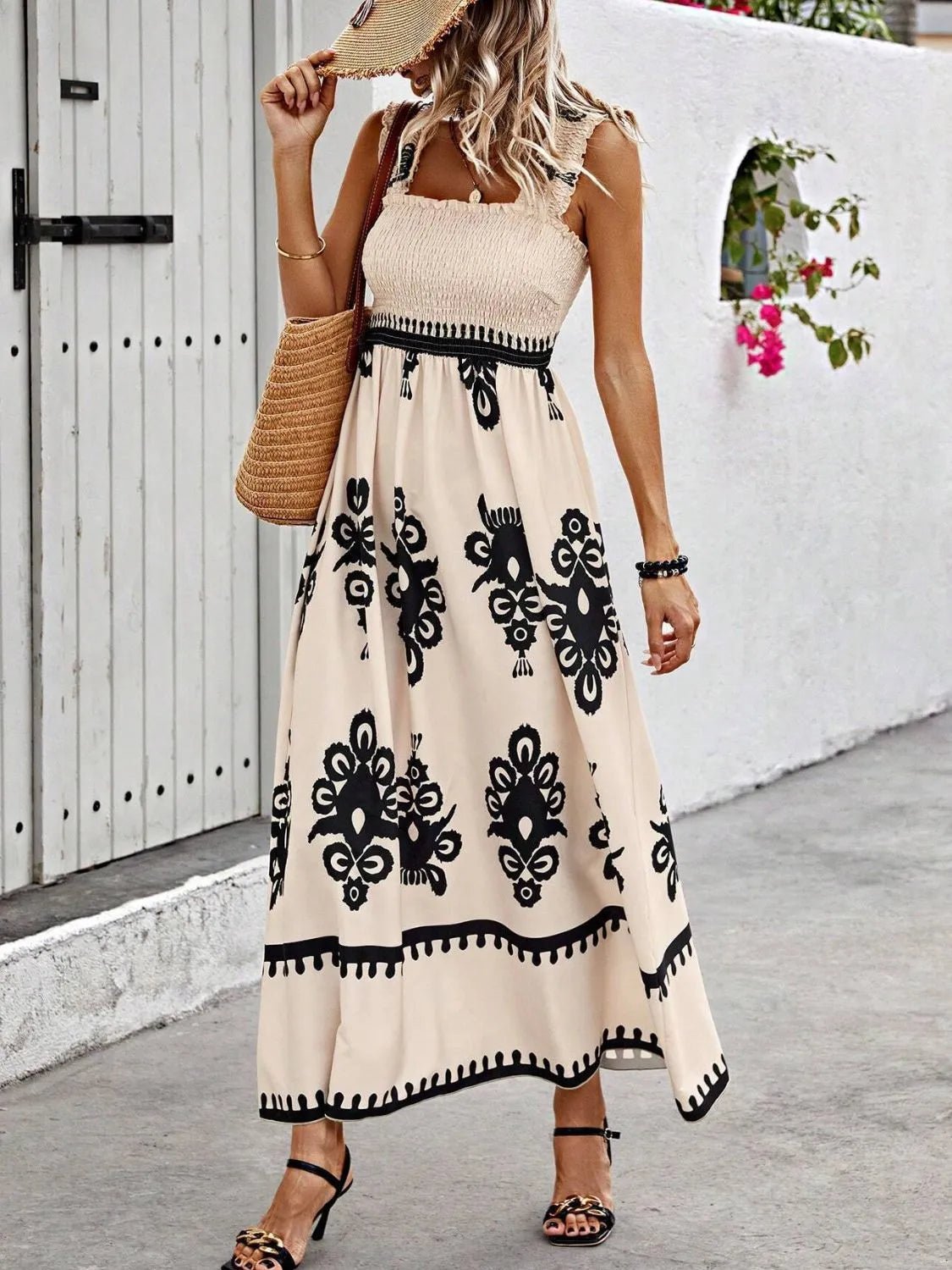Smocked Printed Wide Strap Maxi Dress - MAD RUFFI