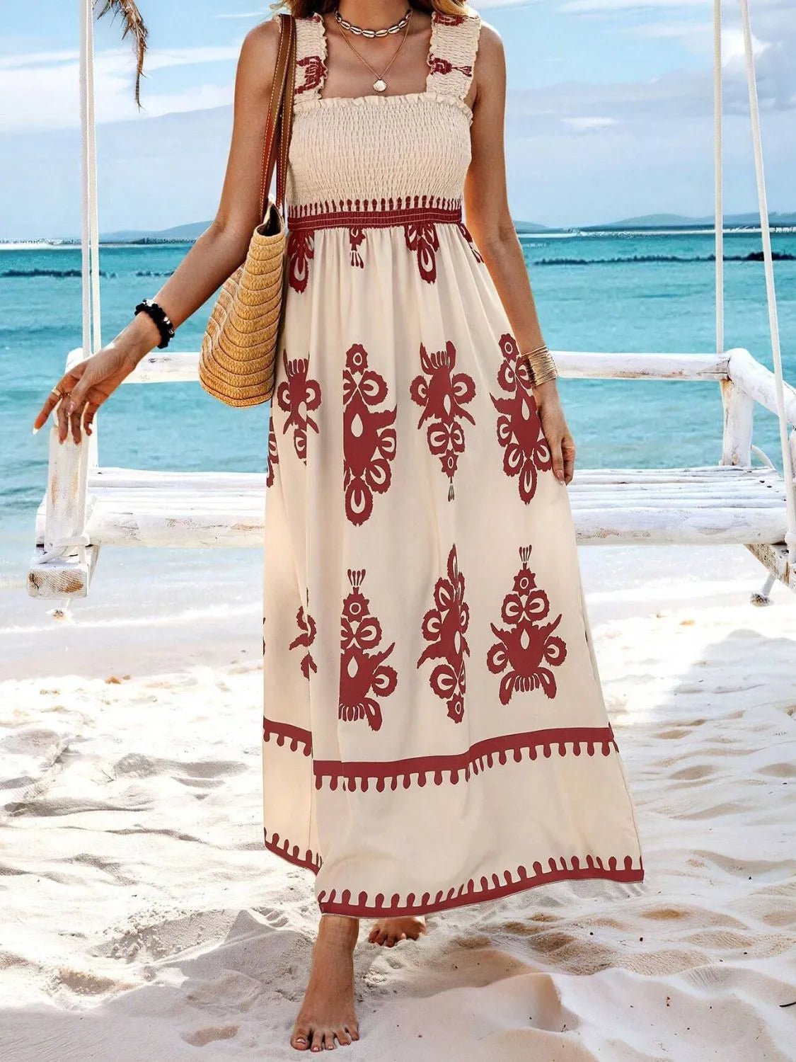 Smocked Printed Wide Strap Maxi Dress - MAD RUFFI
