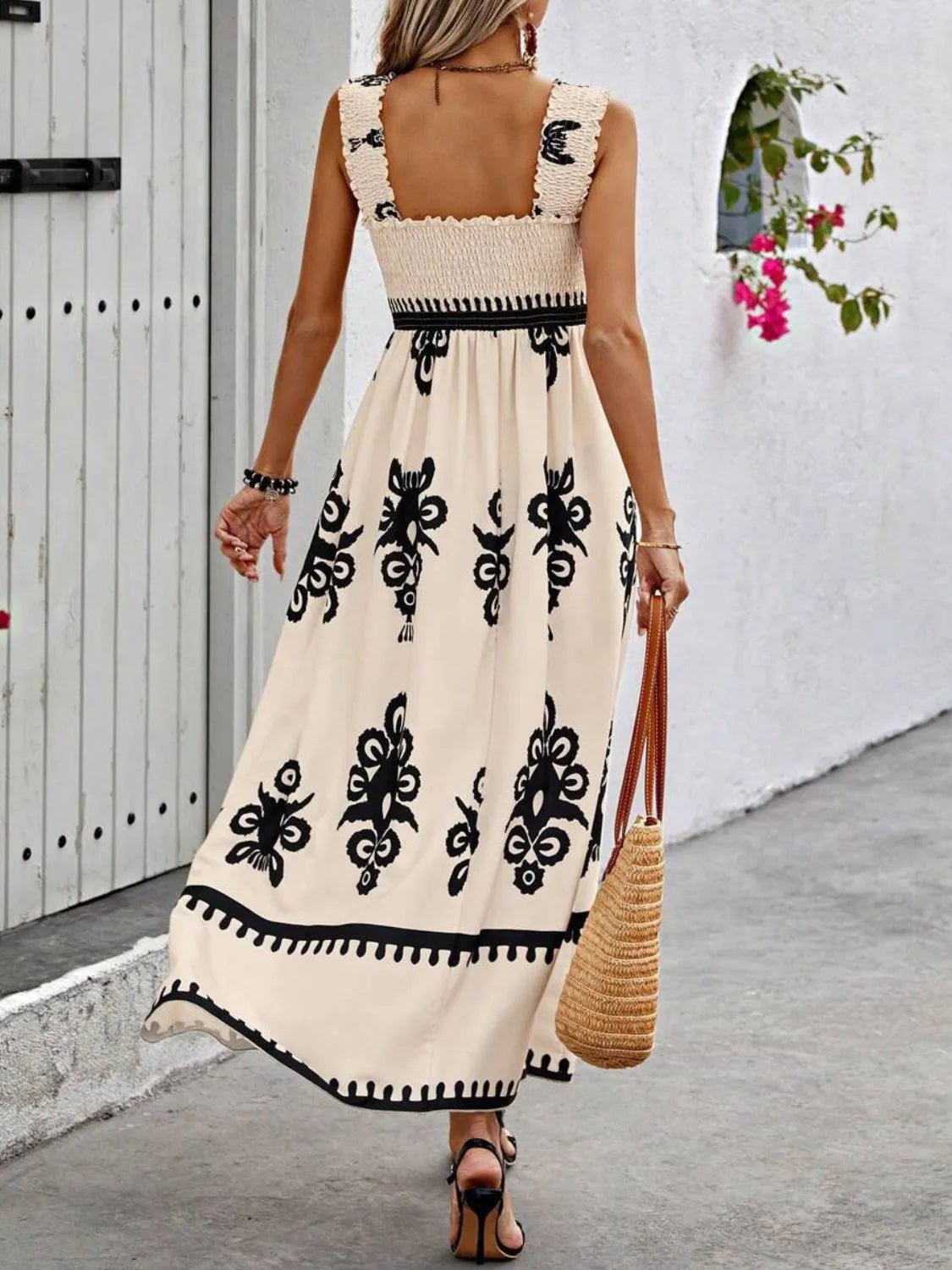 Smocked Printed Wide Strap Maxi Dress - MAD RUFFI