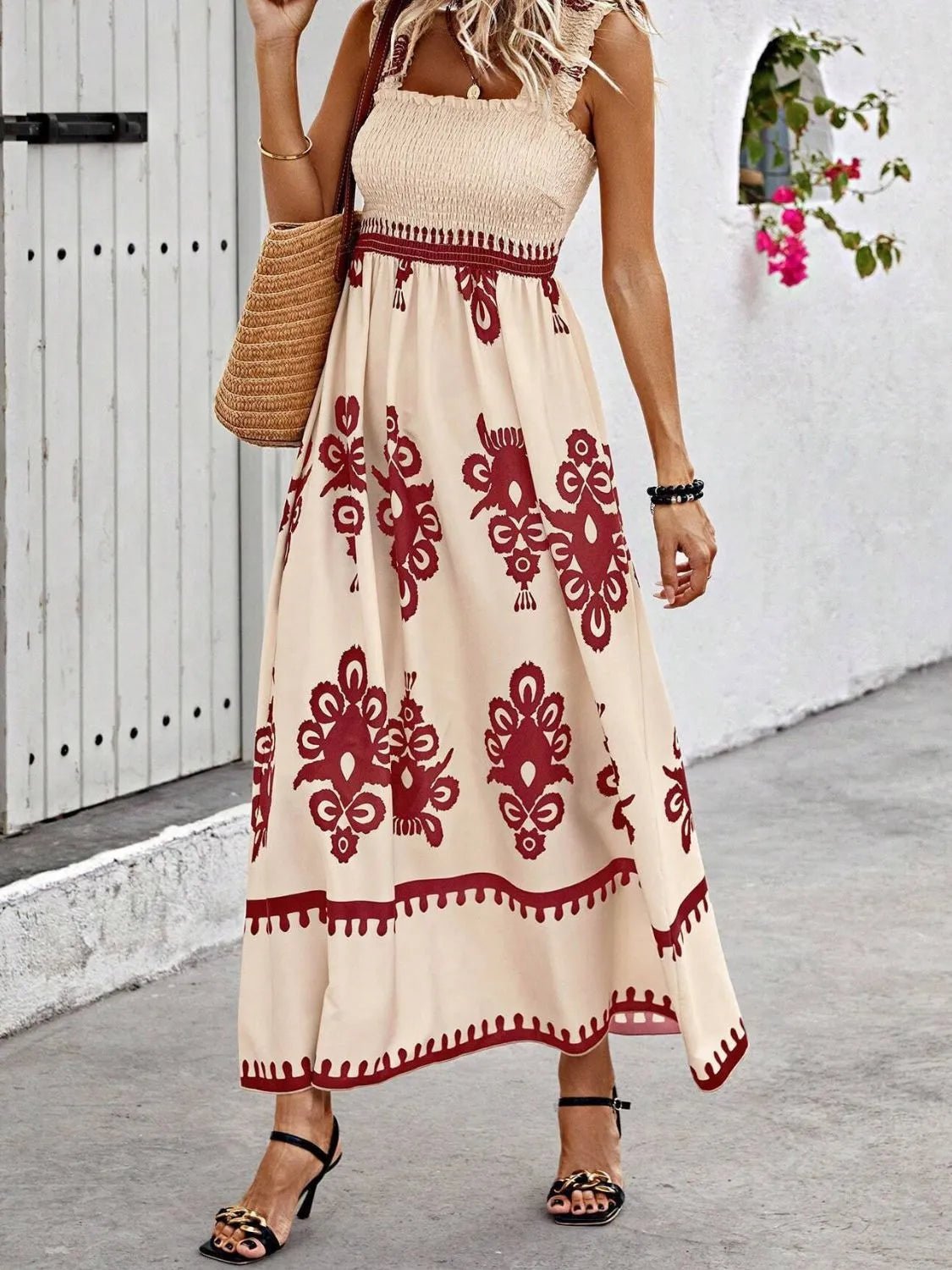 Smocked Printed Wide Strap Maxi Dress - MAD RUFFI