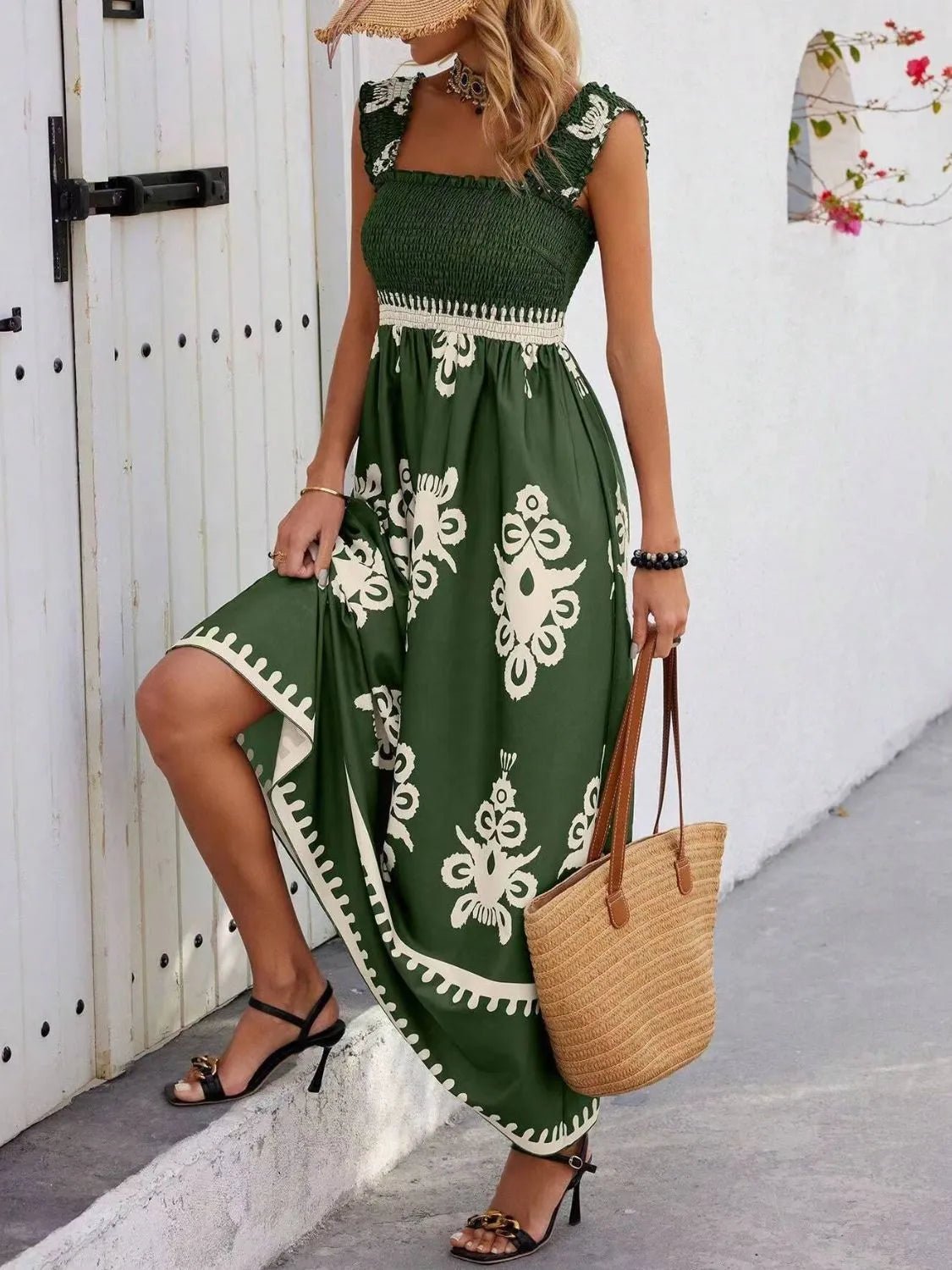 Smocked Printed Wide Strap Maxi Dress - MAD RUFFI