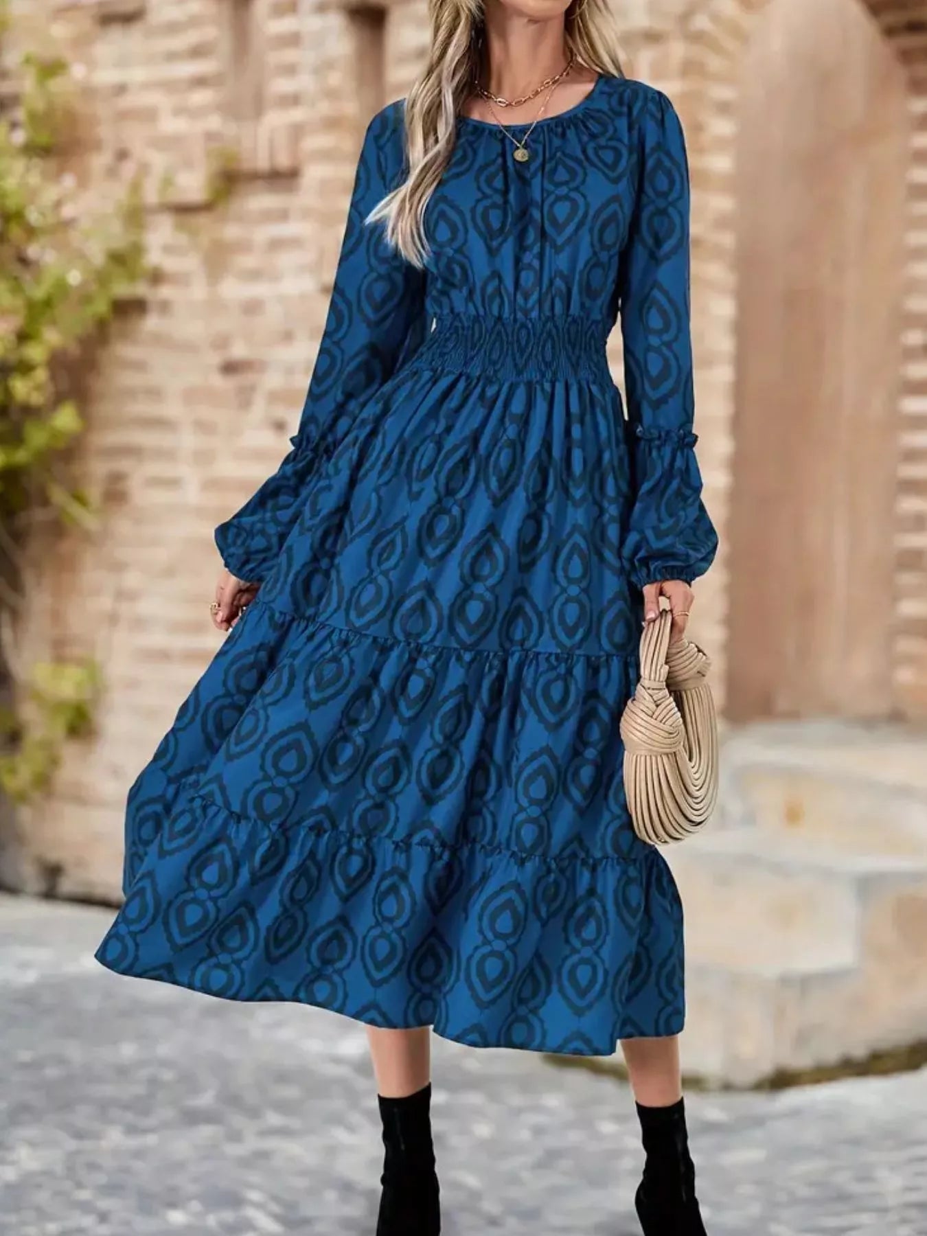 Smocked Round Neck Balloon Sleeve Midi Dress - MAD RUFFI