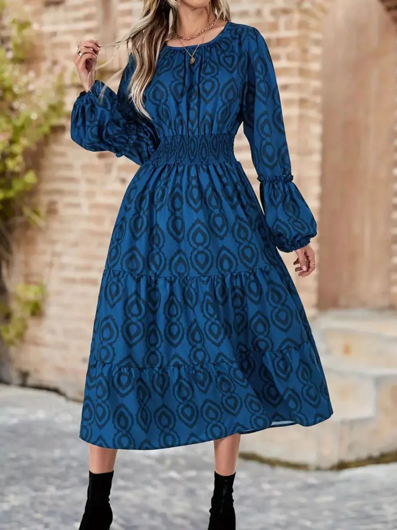 Smocked Round Neck Balloon Sleeve Midi Dress - MAD RUFFI