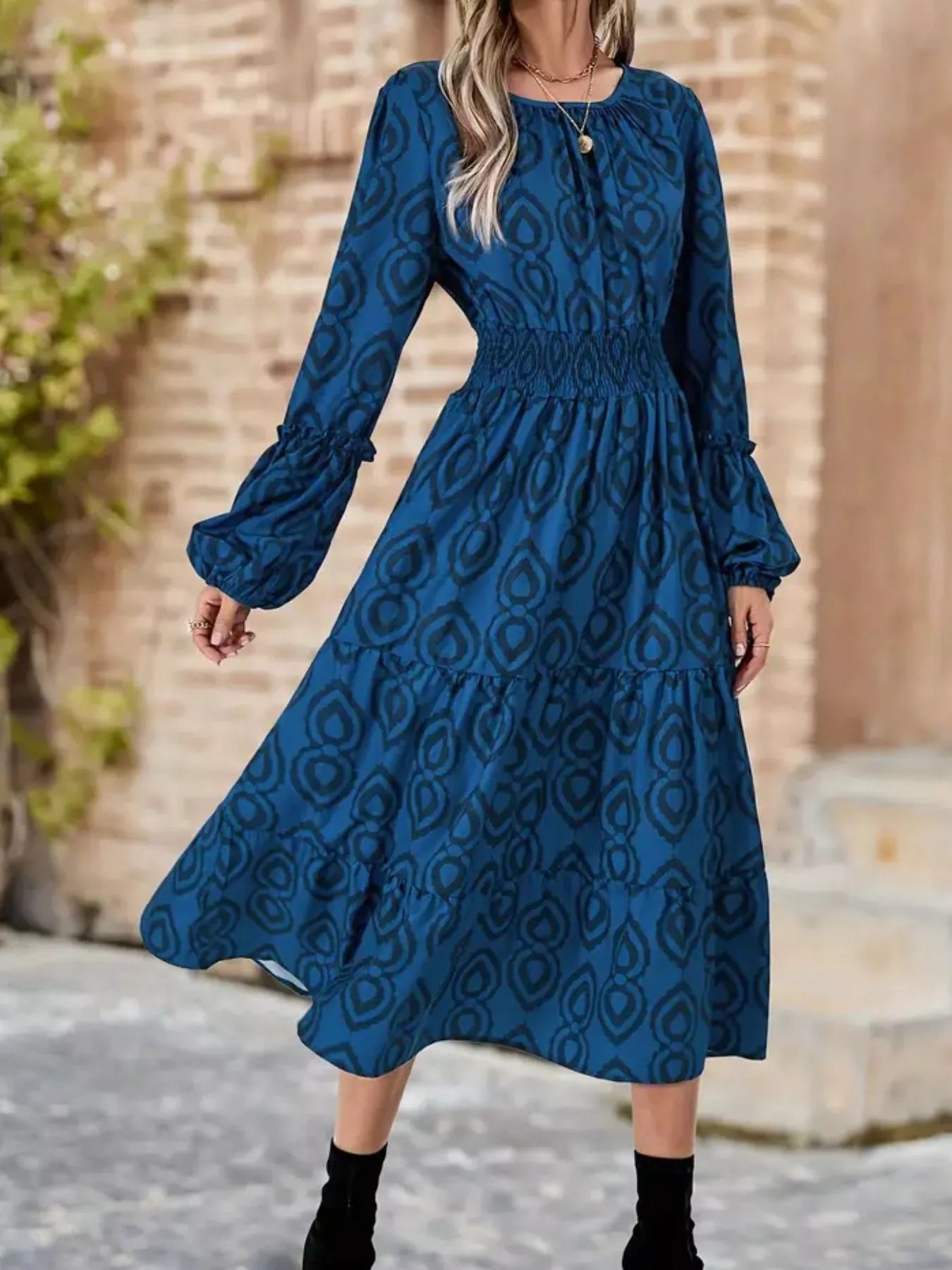 Smocked Round Neck Balloon Sleeve Midi Dress - MAD RUFFI