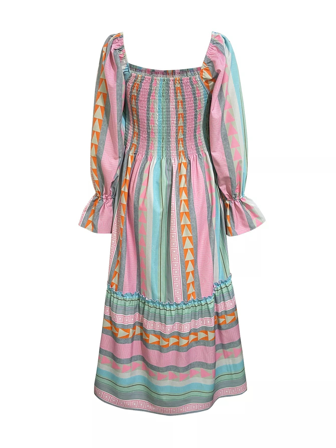Smocked Square Neck Flounce Sleeve Maxi Dress - MAD RUFFI
