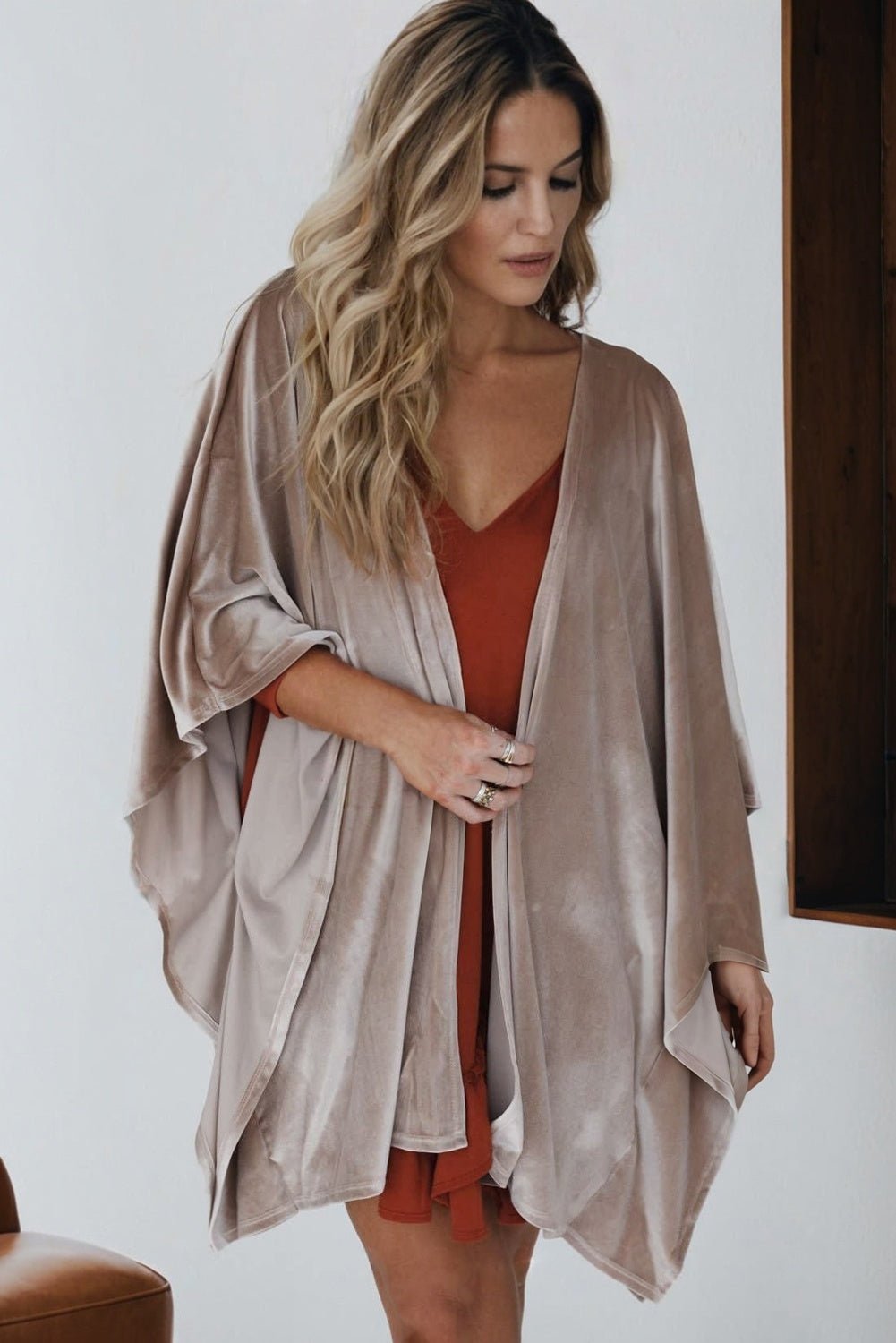 Smoke Gray 3/4 Sleeve Open Front Velvet Kimono - MAD RUFFI