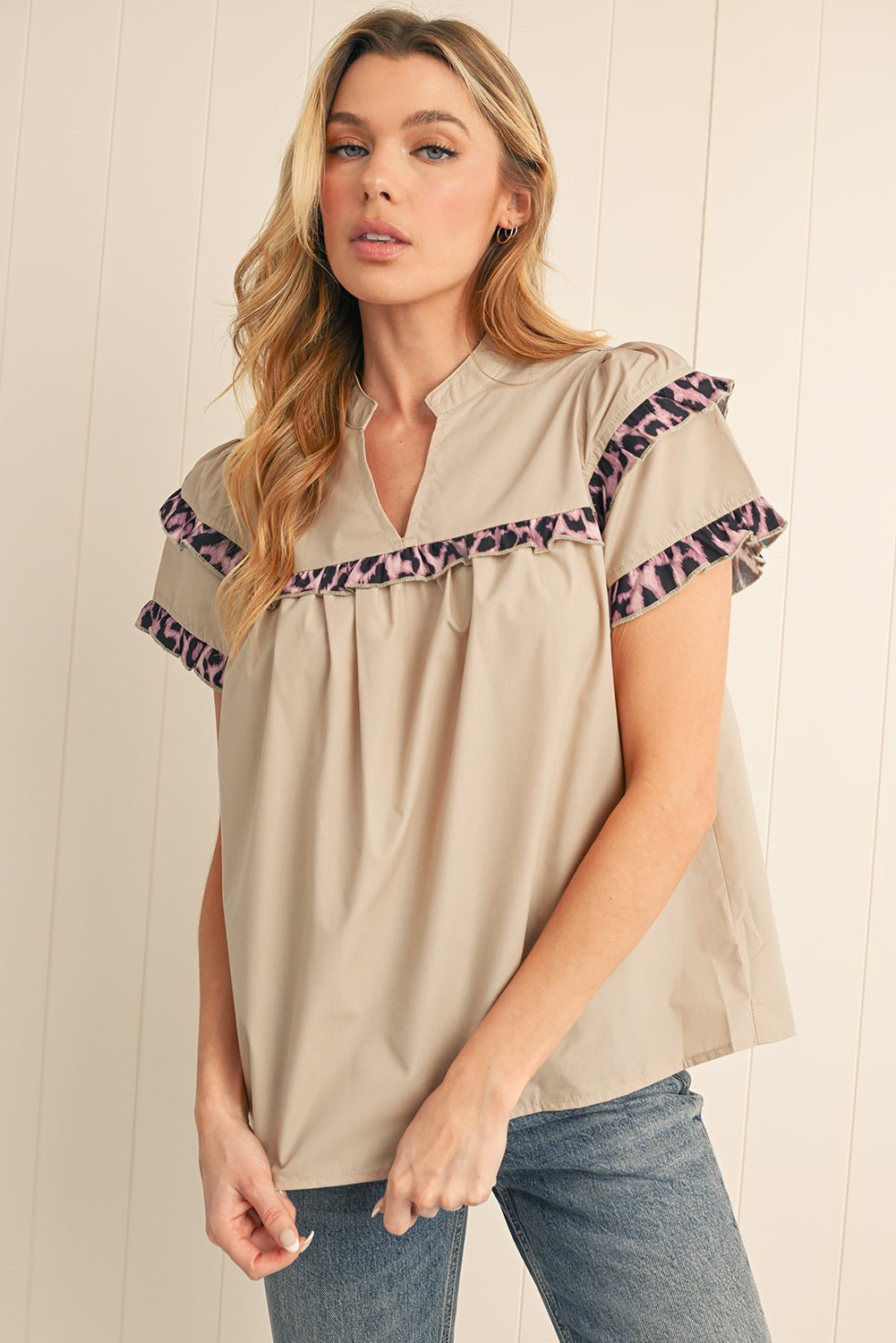 Smoke Gray Leopard Frill Detail V Neck Blouse - MAD RUFFI