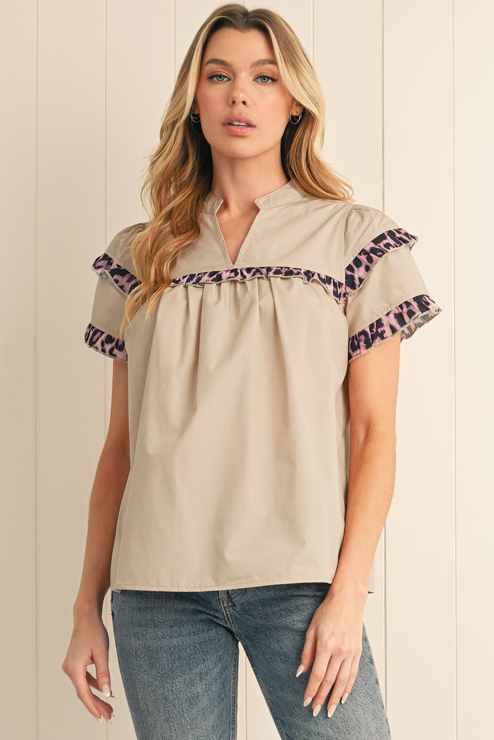 Smoke Gray Leopard Frill Detail V Neck Blouse - MAD RUFFI
