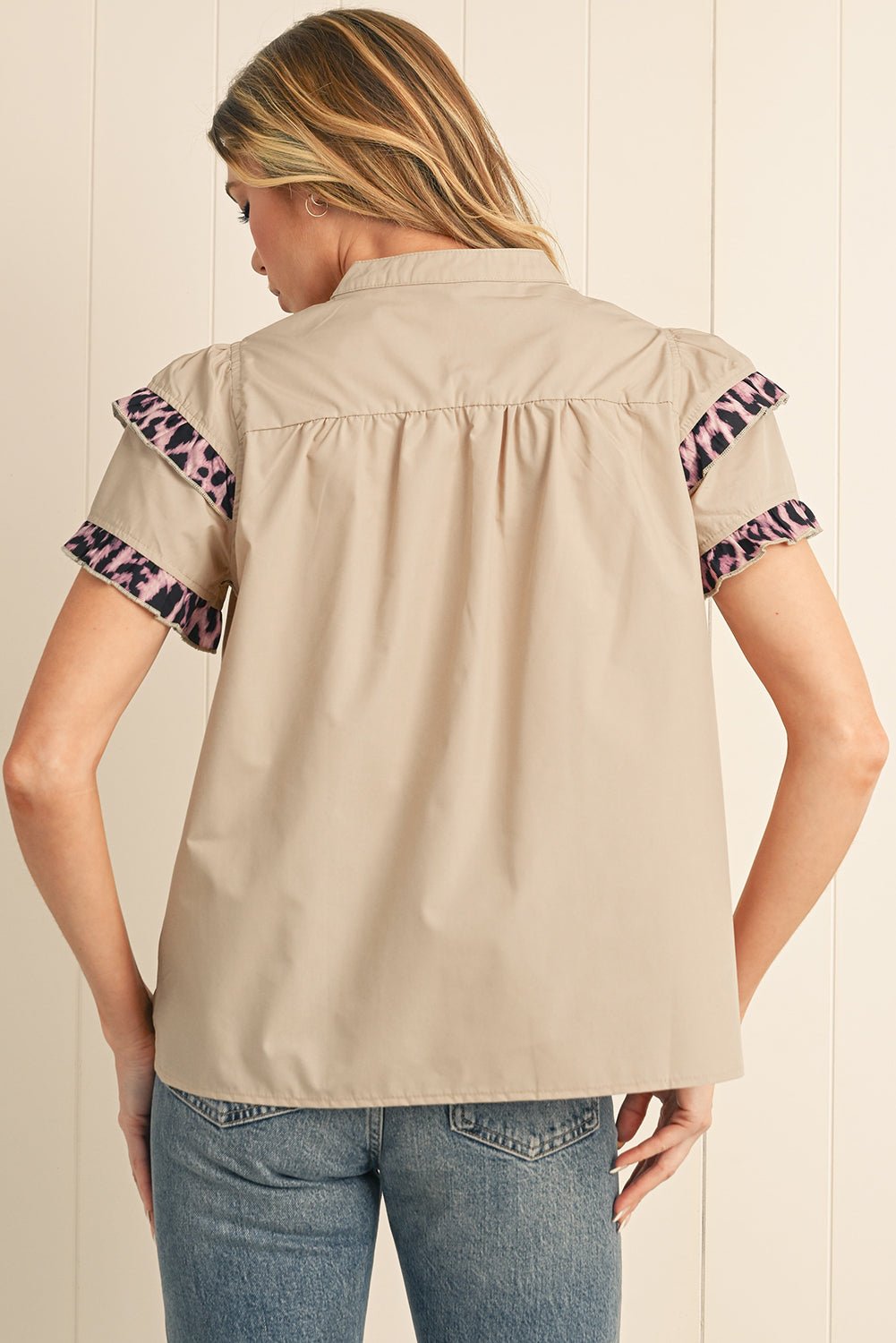 Smoke Gray Leopard Frill Detail V Neck Blouse - MAD RUFFI