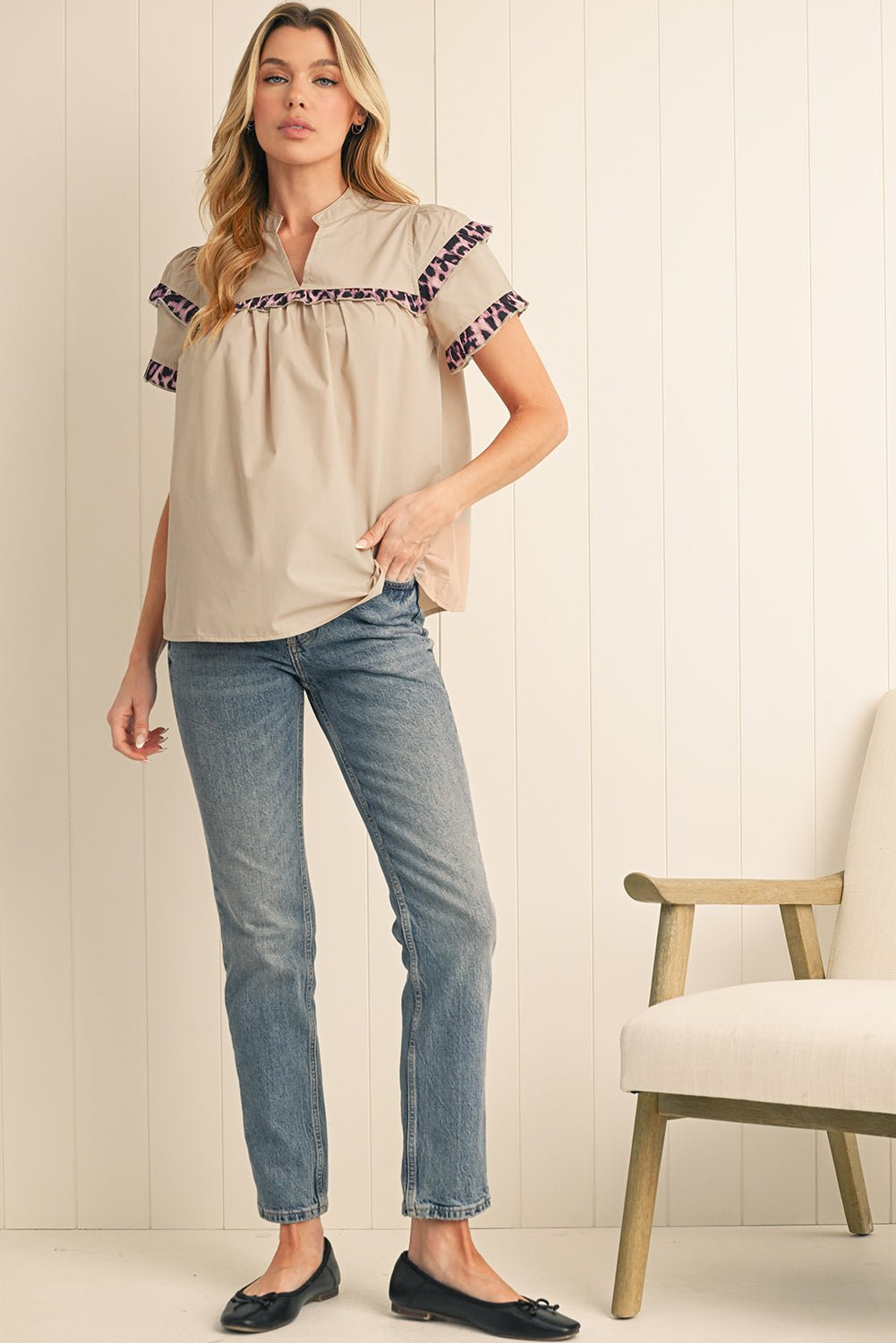 Smoke Gray Leopard Frill Detail V Neck Blouse - MAD RUFFI